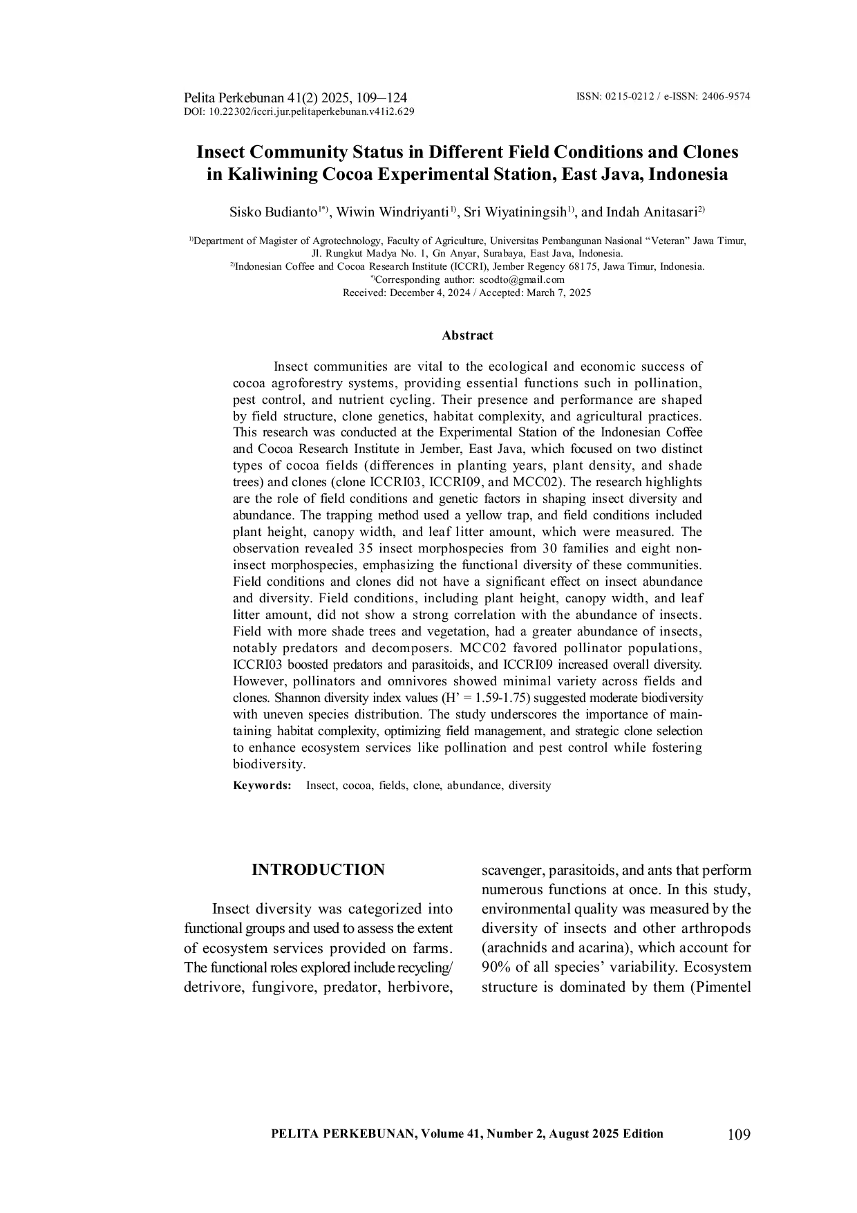 JURIS Insect Community Status In Different Field Conditions And Clones In Kaliwining Cocoa Experimental Station