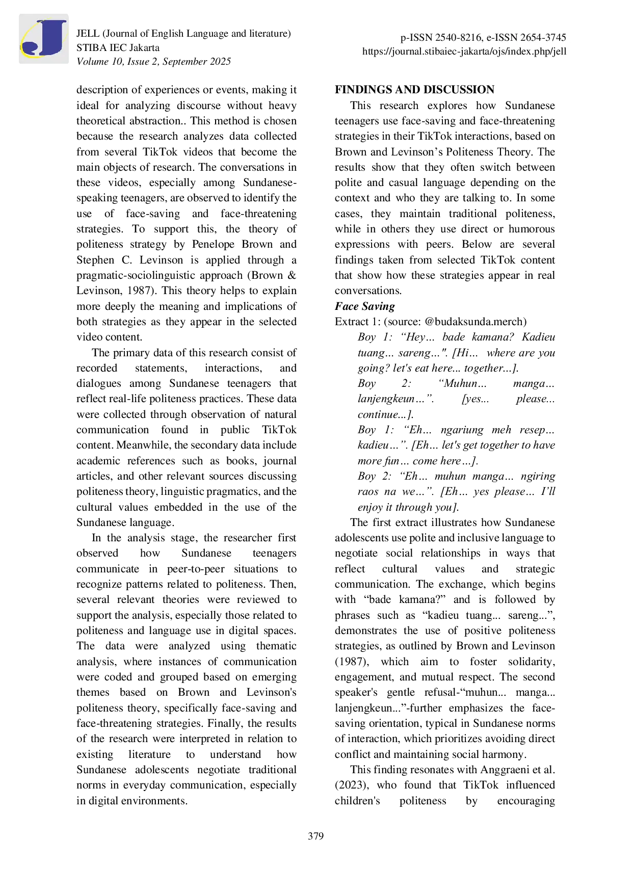 JURIS Face Saving and Face Threatening Strategies in Sundanese Teenagers Interactions through TikTok Content