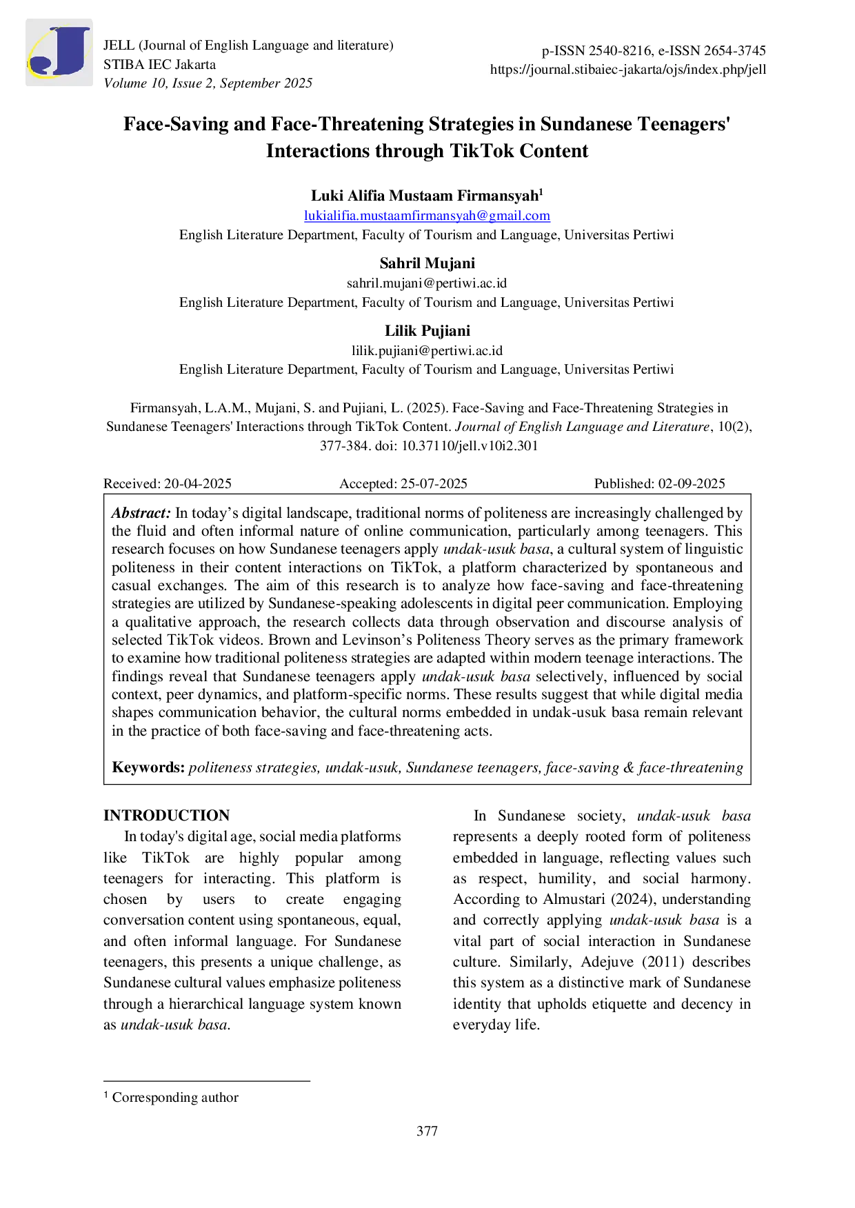 JURIS Face Saving and Face Threatening Strategies in Sundanese Teenagers Interactions through TikTok Content