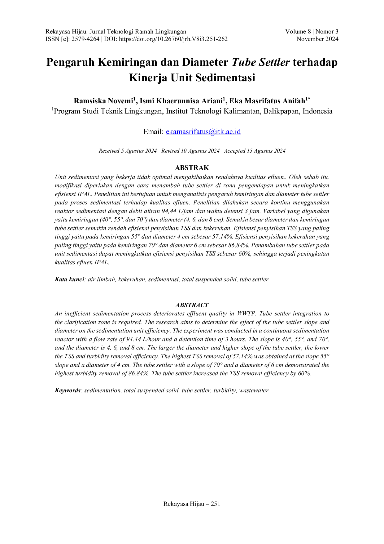 JURIS Pengaruh Kemiringan dan Diameter Tube Settler terhadap Kinerja Unit Sedimentasi