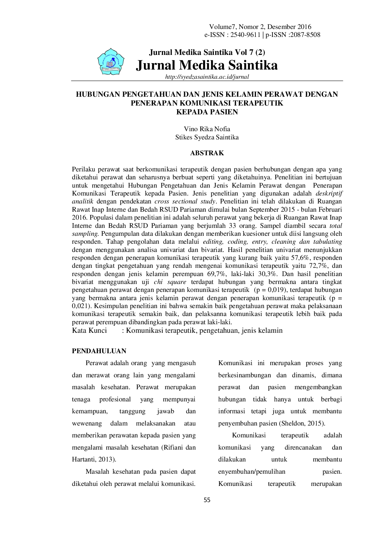 JURIS The Relationship Between Nurses Knowledge and Gender With the Application of Therapeutic Communication to Patients