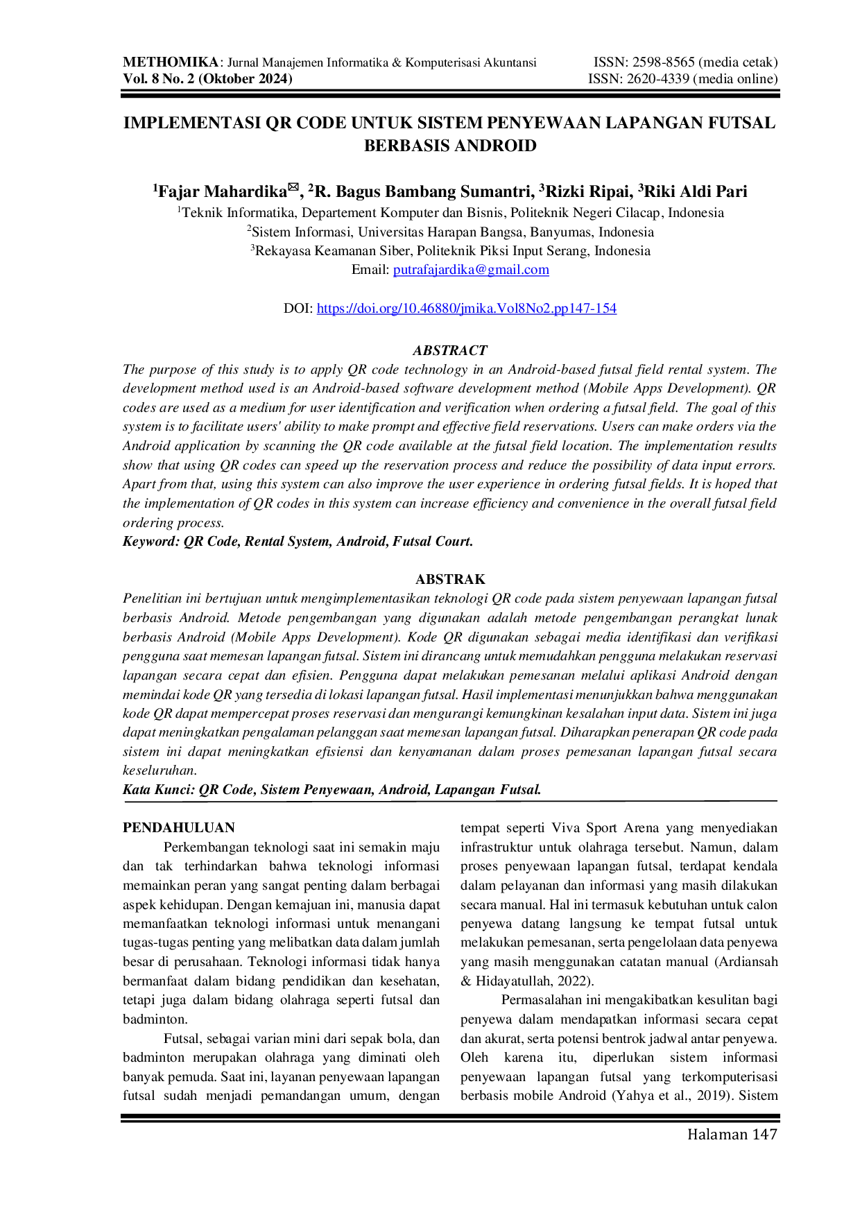 JURIS Implementasi QR Code Untuk Sistem Penyewaan Lapangan Futsal Berbasis Android
