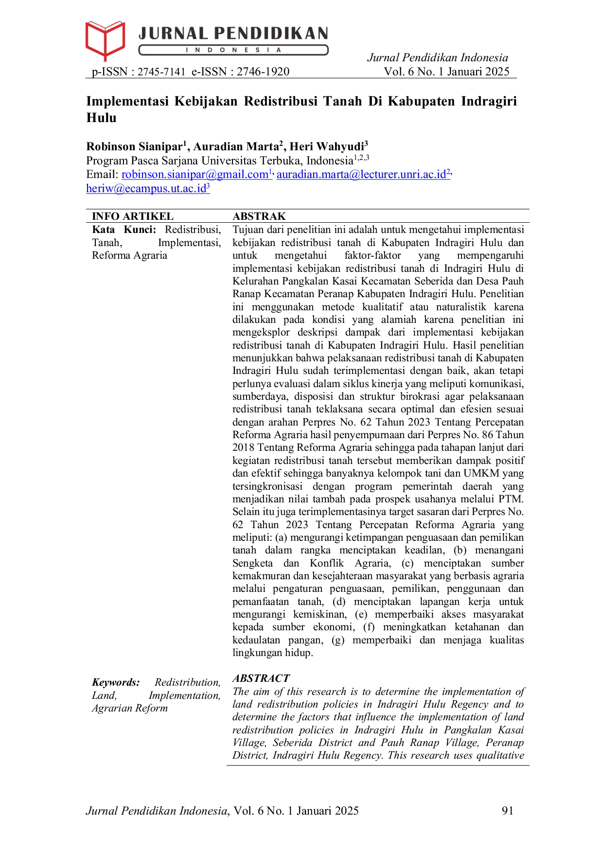 JURIS Implementasi Kebijakan Redistribusi Tanah Di Kabupaten Indragiri Hulu