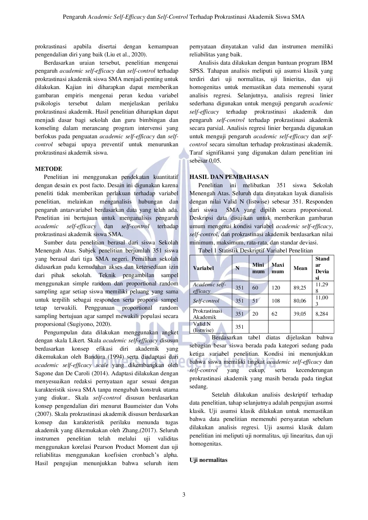 JURIS Pengaruh Academic Self Efficacy dan Self Control Terhadap Prokrastinasi Akademik Siswa SMA