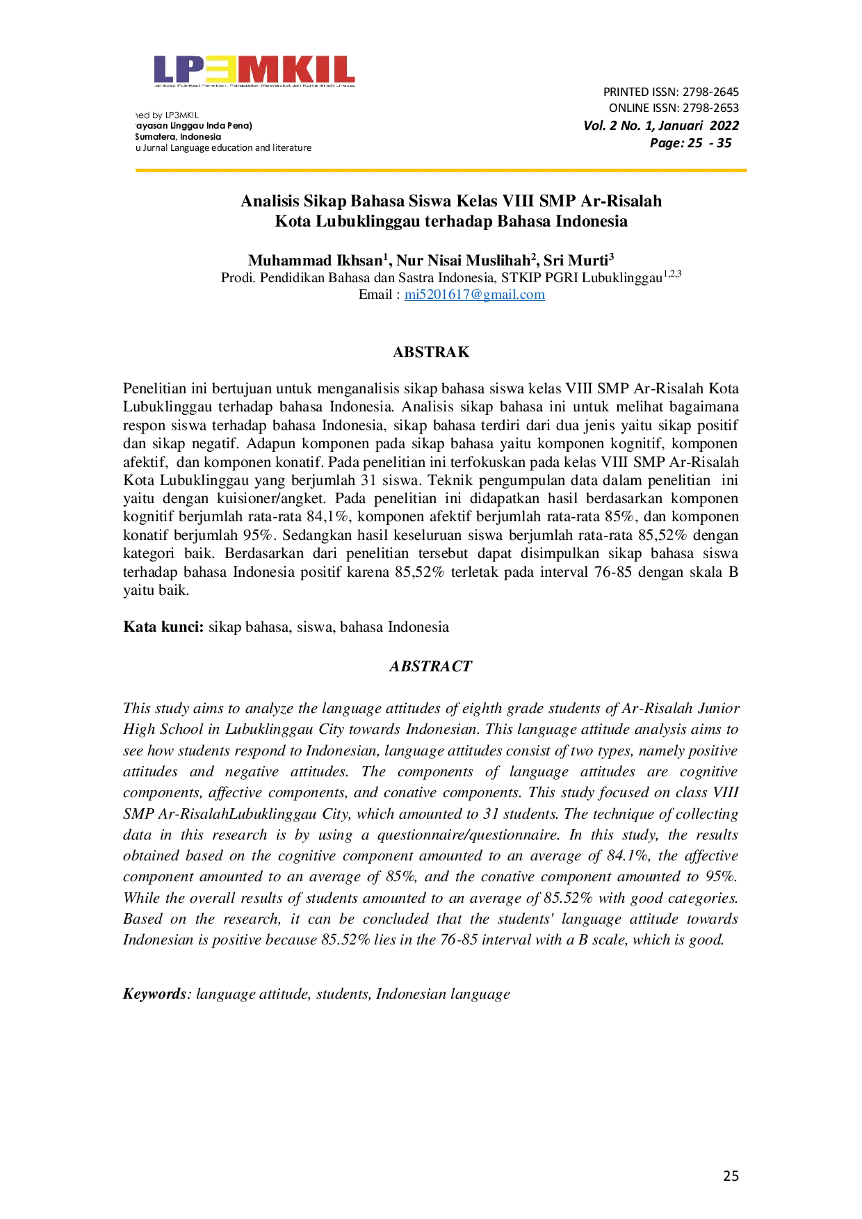 JURIS Analisis Sikap Bahasa Siswa Kelas VIII SMP Ar Risalah Kota Lubuklinggau terhadap Bahasa Indonesia