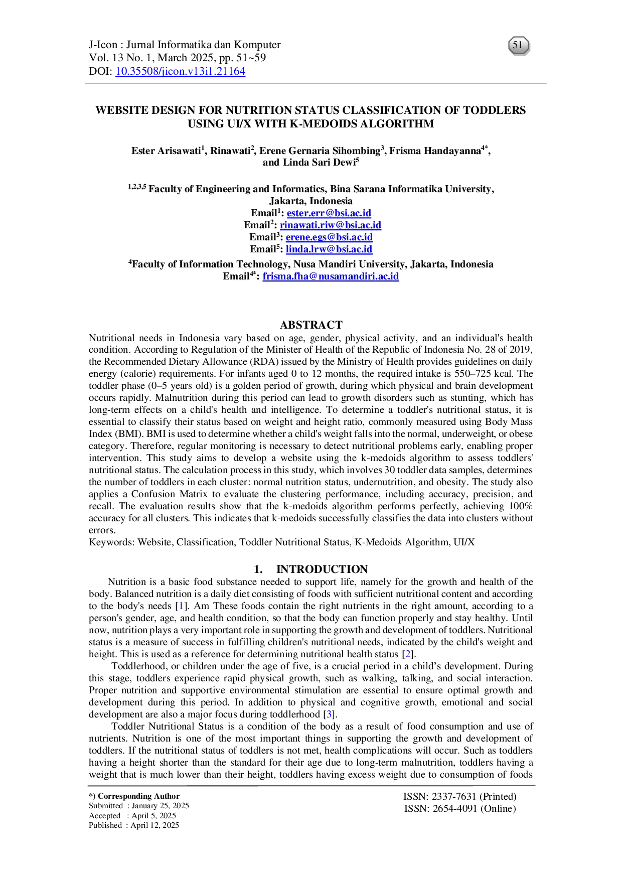 JURIS Website Design for Nutrition Status Classification of Toddlers Using UI X with K Medoids Algorithm