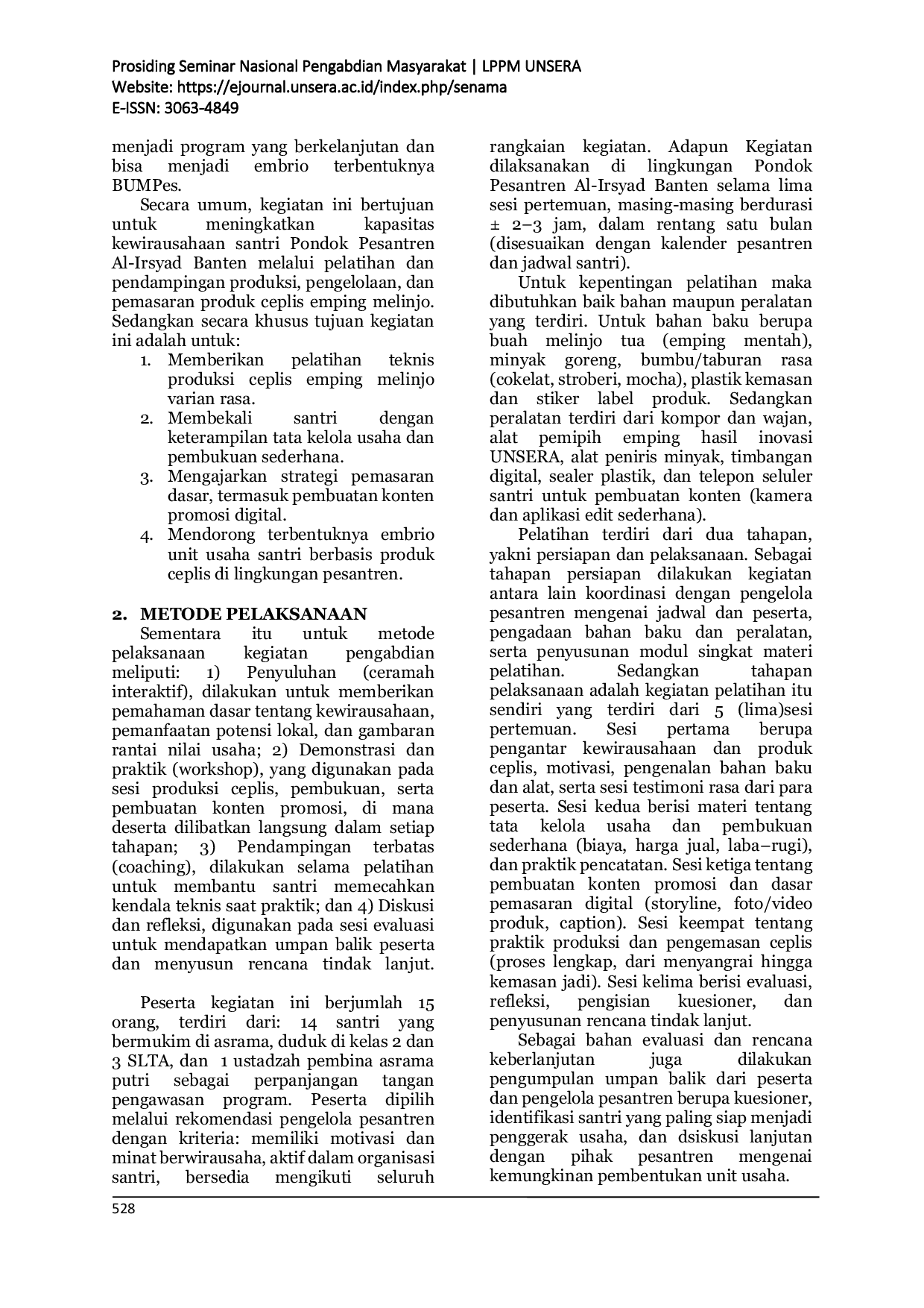 JURIS Pelatihan Kewirausahaan Produk Ceplis Varian Rasa bagi Santri Pondok Pesantren Al Irsyad Banten Pendekatan Pemberdayaan Berbasis Potensi Lokal Emping Melinjo