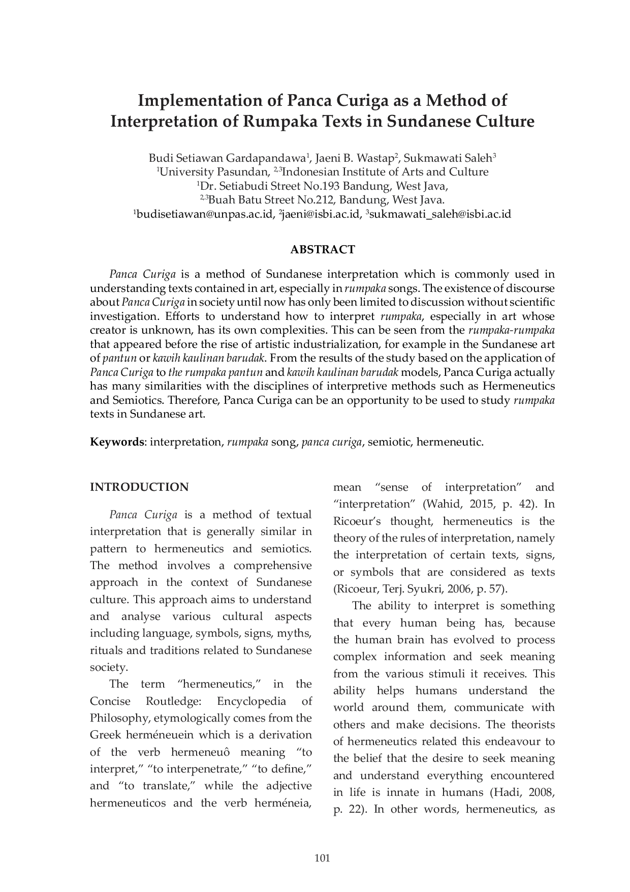 JURIS Implementation of Panca Curiga as a Method of Interpretation of Rumpaka Texts in Sundanese Culture