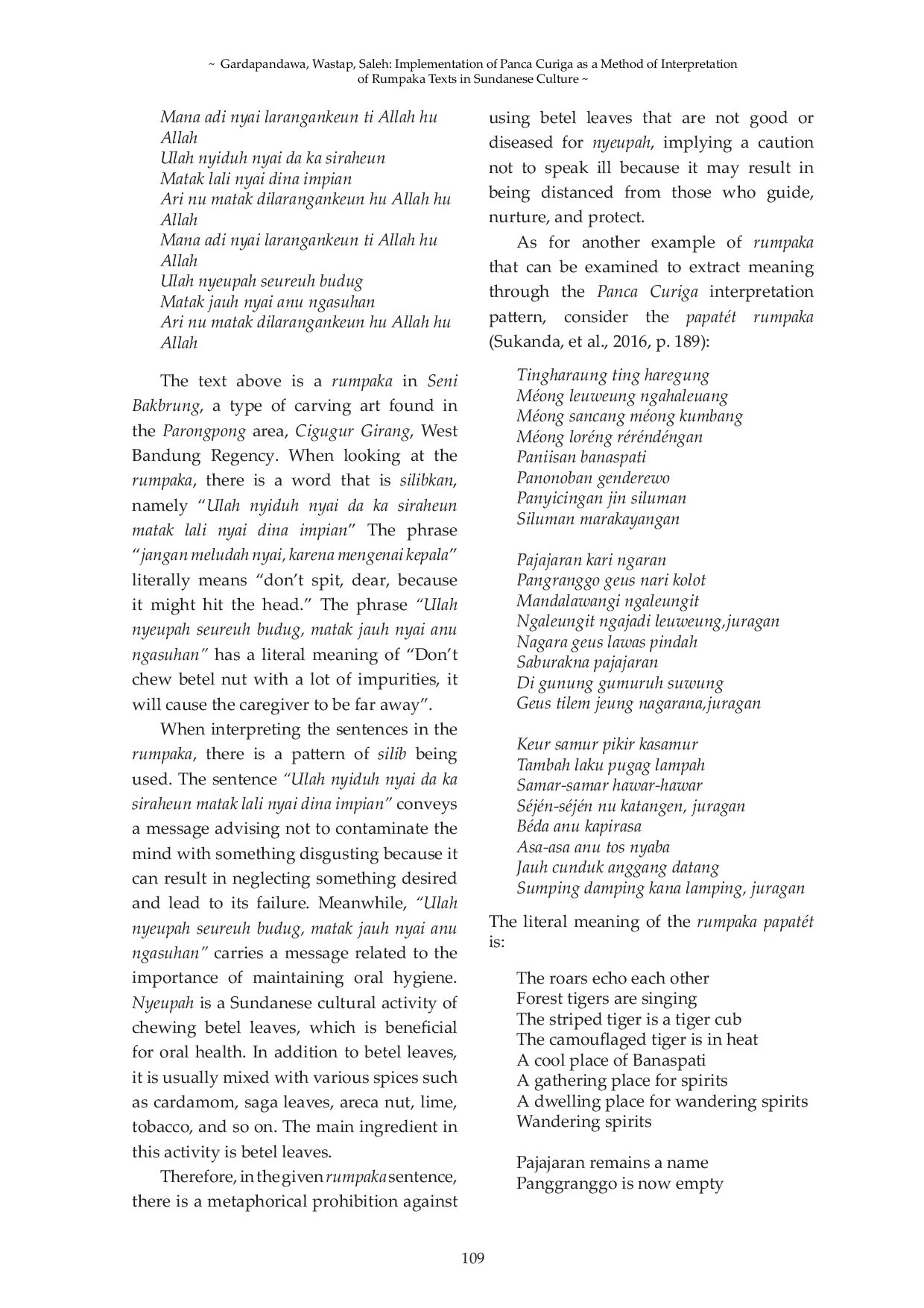 JURIS Implementation of Panca Curiga as a Method of Interpretation of Rumpaka Texts in Sundanese Culture