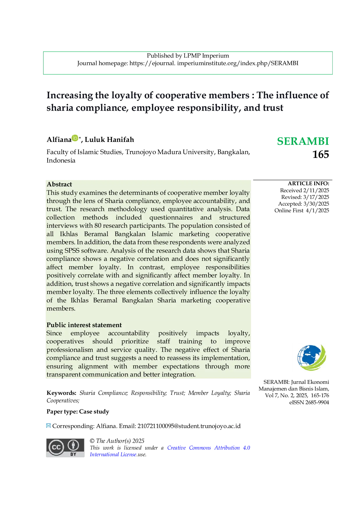 JURIS Increasing the loyalty of cooperative members The influence of sharia compliance employee responsibility and trust