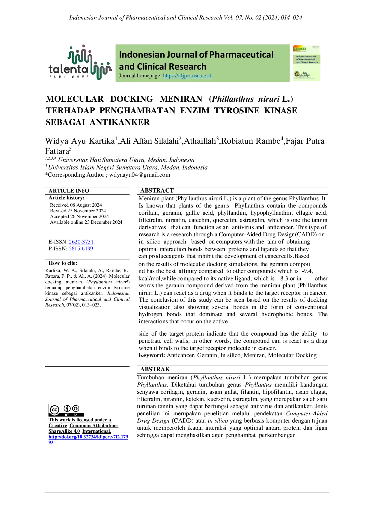 JURIS Molecular Docking Meniran Phyllanthus Niruri L Terhadap Penghambatan Enzim Tyrosine Kinase Sebagai Antikanker