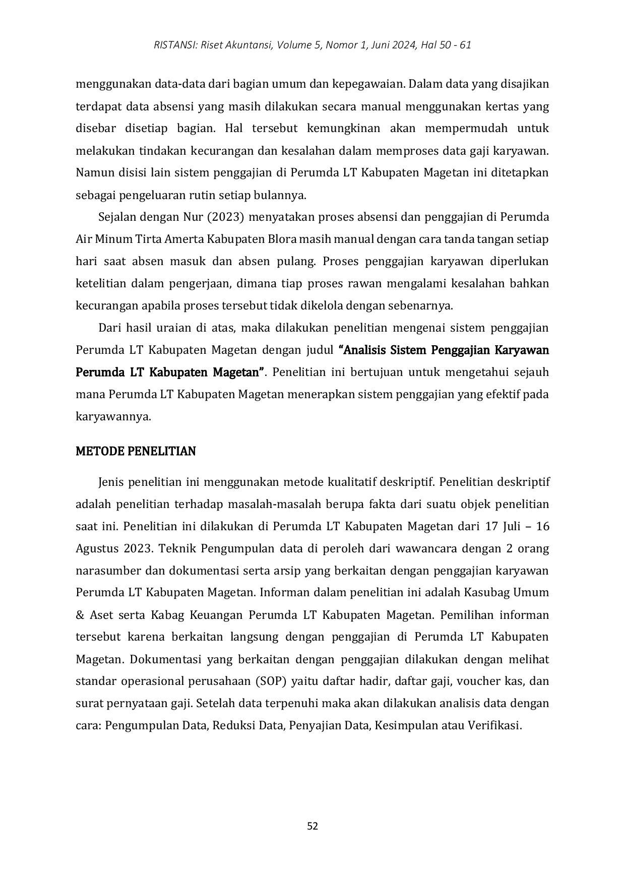 JURIS Analisis Sistem Penggajian Karyawan Perumda LT Kabupaten Magetan