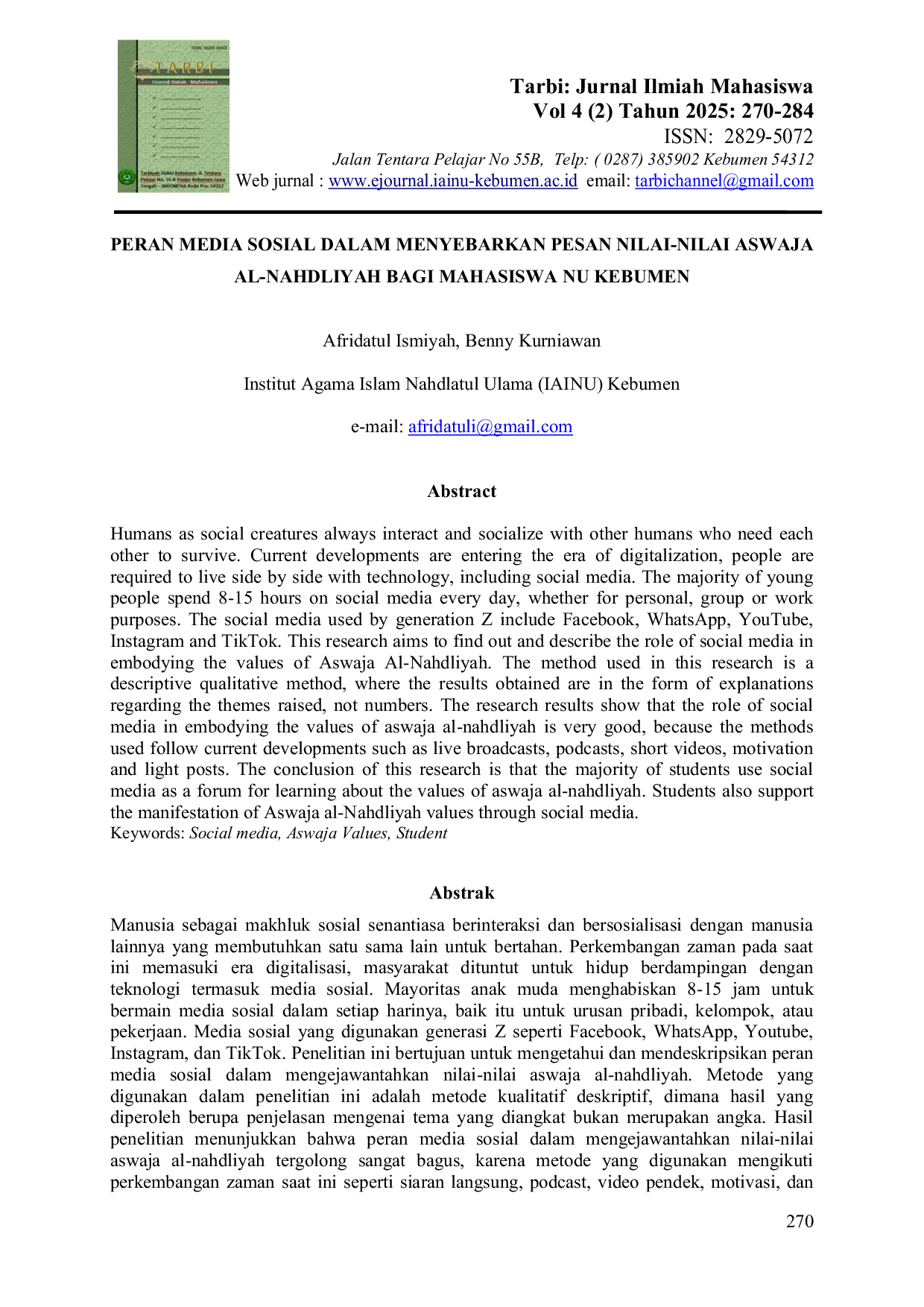 JURIS Peran Media Sosial dalam Menyebarkan Pesan Nilai Nilai Aswaja Al Nahdliyah Bagi Mahasiswa NU Kebumen