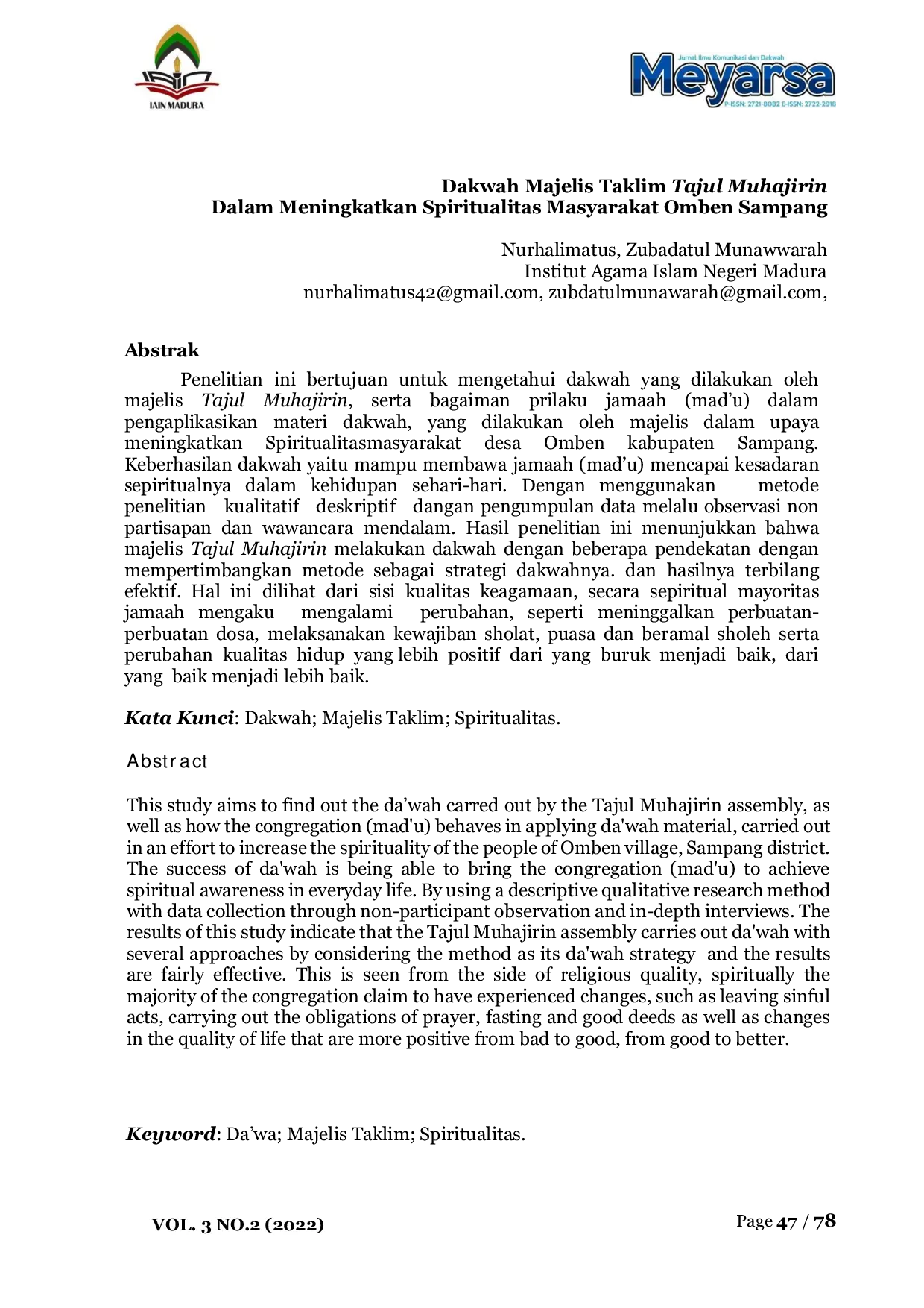 JURIS Dakwah Majelis Taklim Tajul Muhajirin Dalam Meningkatkan Spiritualitas Masyarakat Omben Sampang