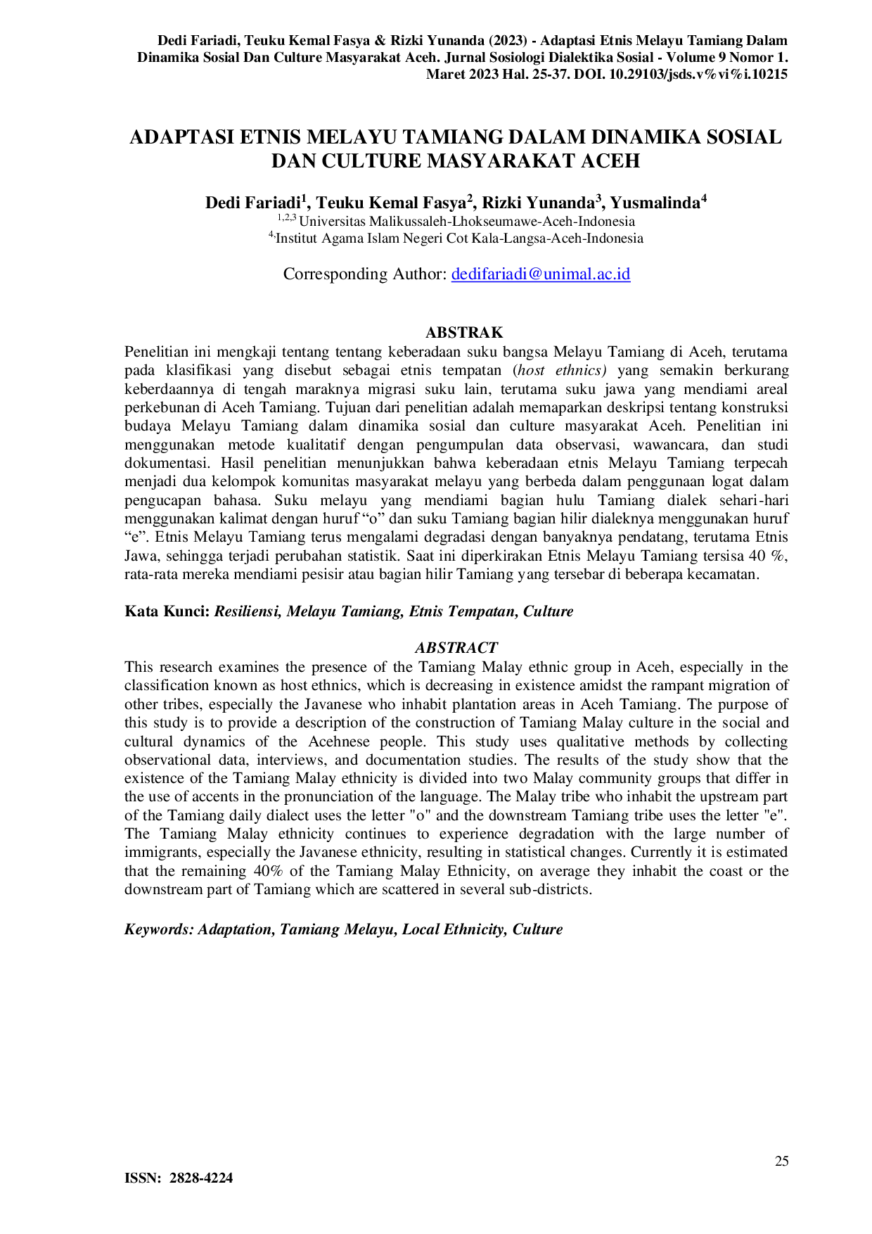 JURIS Adaptasi Etnis Melayu Tamiang Dalam Dinamika Sosial Dan Culture Masyarakat Aceh