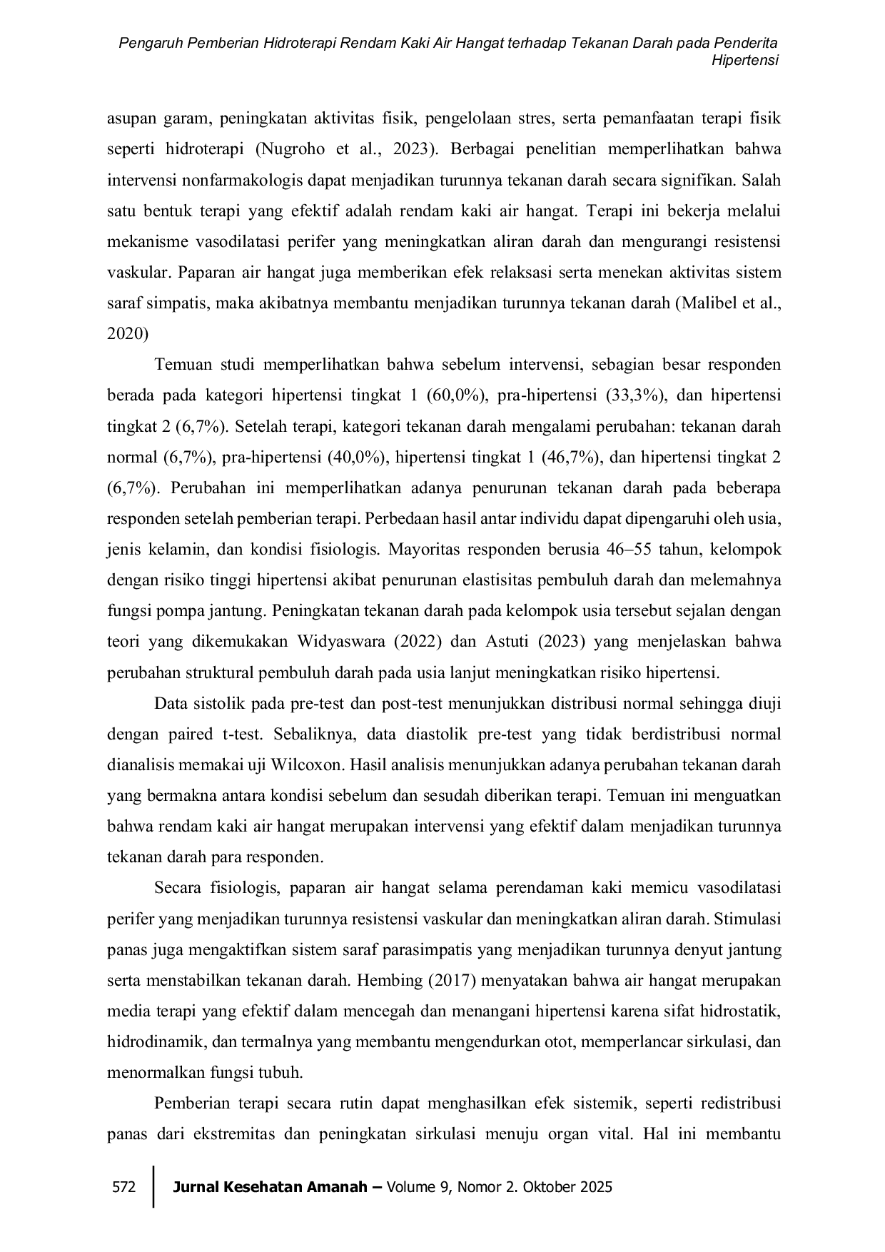 JURIS Pengaruh Pemberian Hidroterapi Rendam Kaki Air Hangat Terhadap Tekanan Darah Pada Penderita Hipertensi