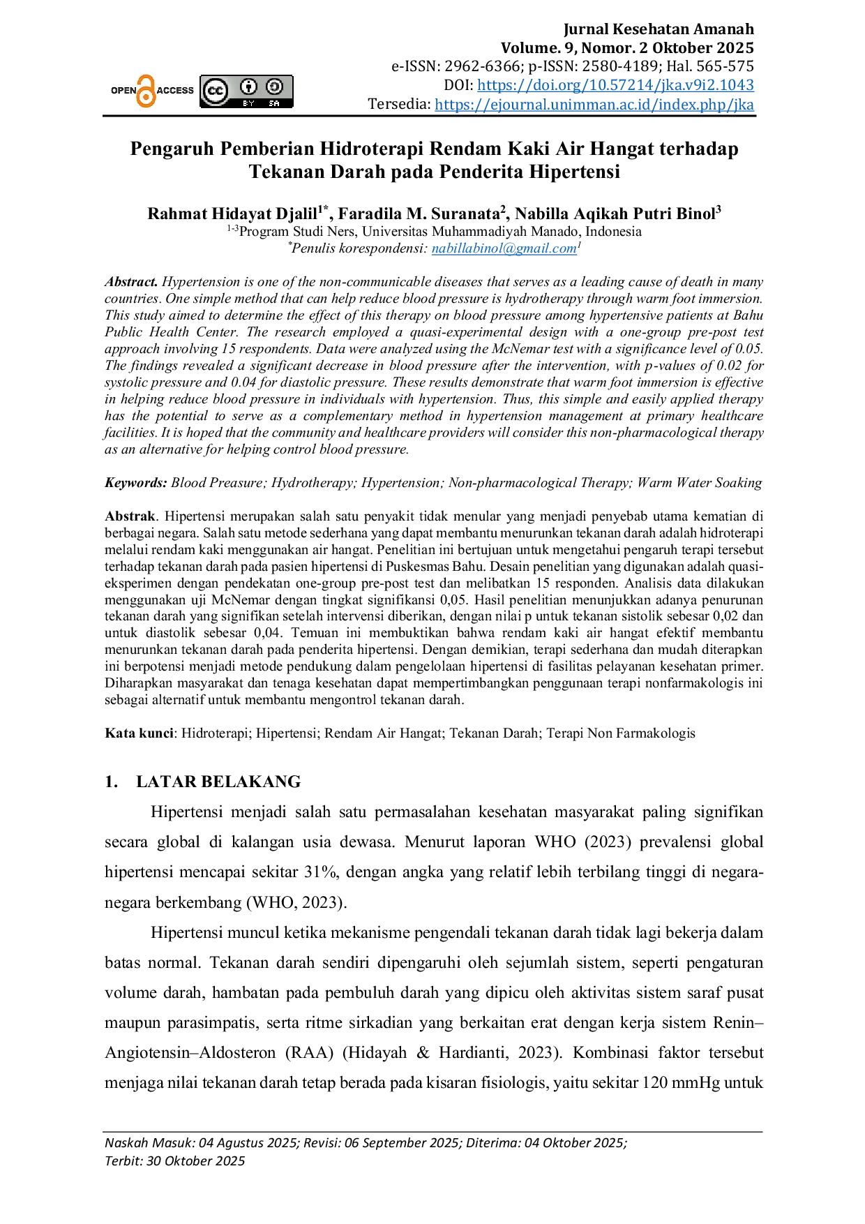 JURIS Pengaruh Pemberian Hidroterapi Rendam Kaki Air Hangat Terhadap Tekanan Darah Pada Penderita Hipertensi