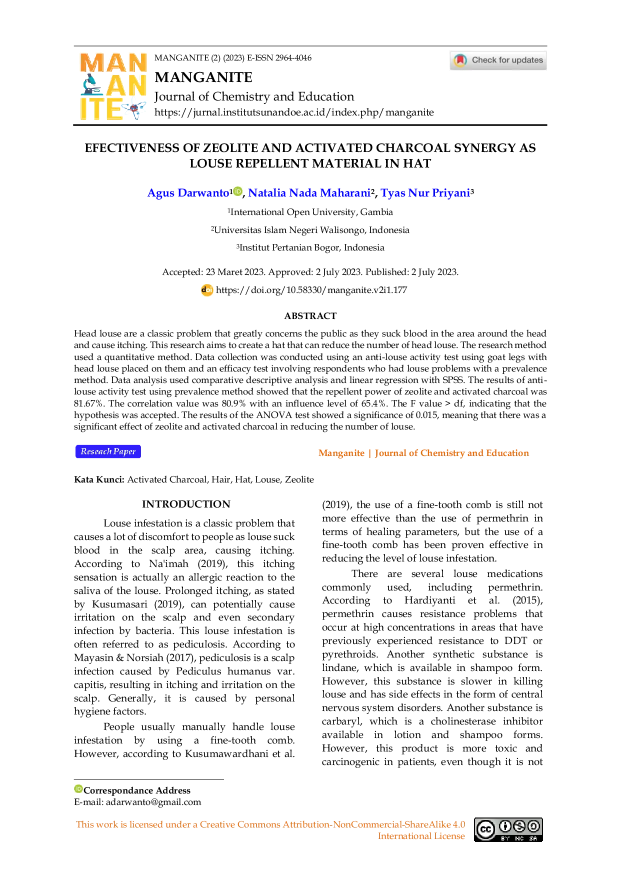 JURIS Efectiveness of Zeolite and Activated Charcoal Synergy as Louse Repellent Material in Hat Efektifitas Sinergi Zeolit dan Arang Aktif Sebagai Bahan Pengusir Tikus Pada Topi