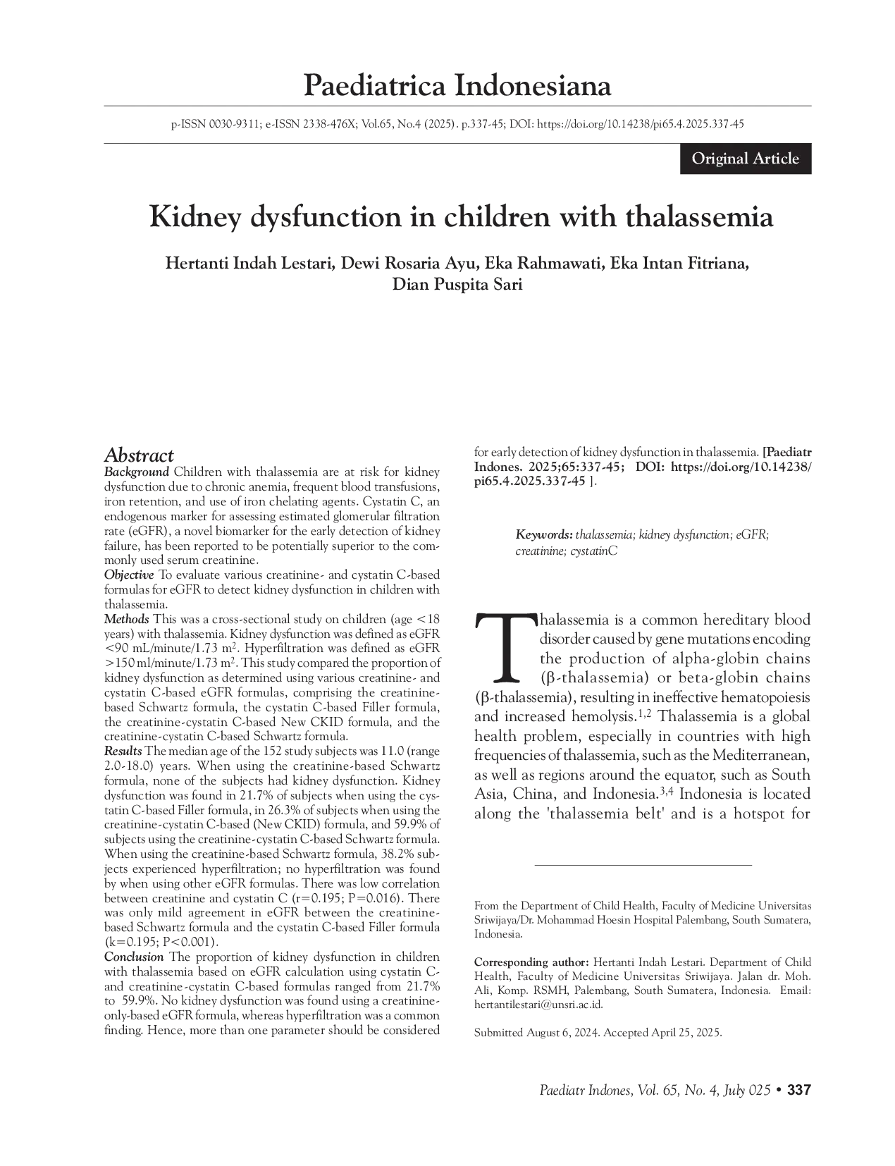 JURIS Kidney dysfunction in children with thalassemia