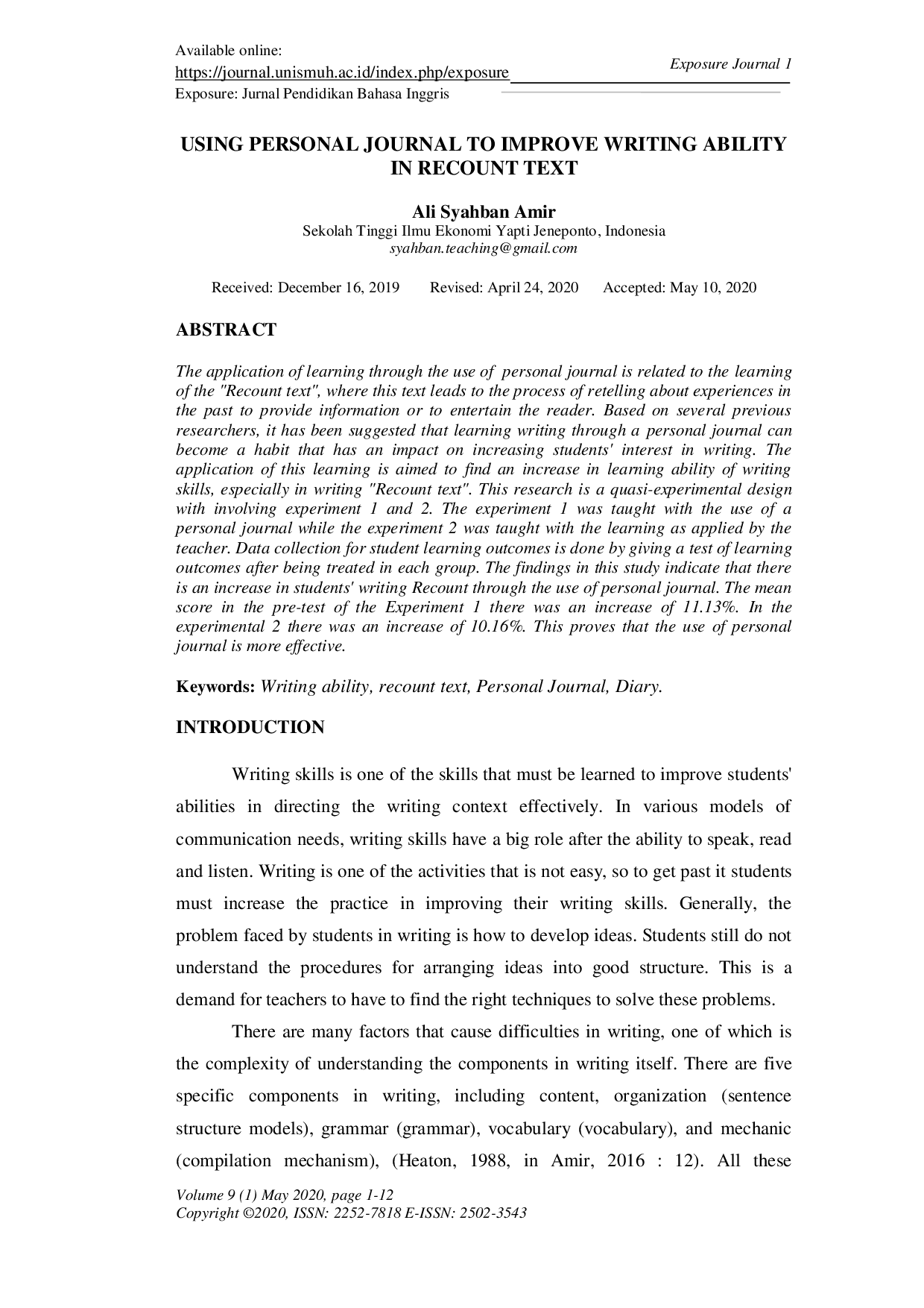 JURIS Using Personal Journal to Improve Writing Ability in Recount Text