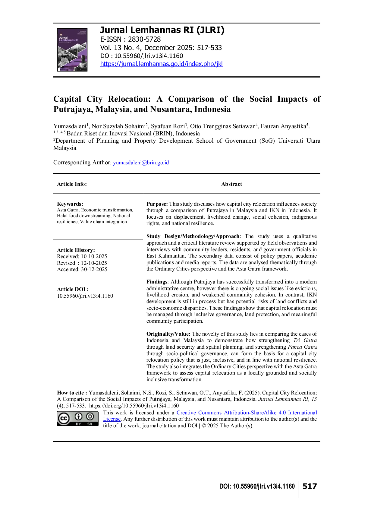 JURIS Capital City Relocation A Comparison of the Social Impacts of Putrajaya Malaysia and Nusantara Indonesia