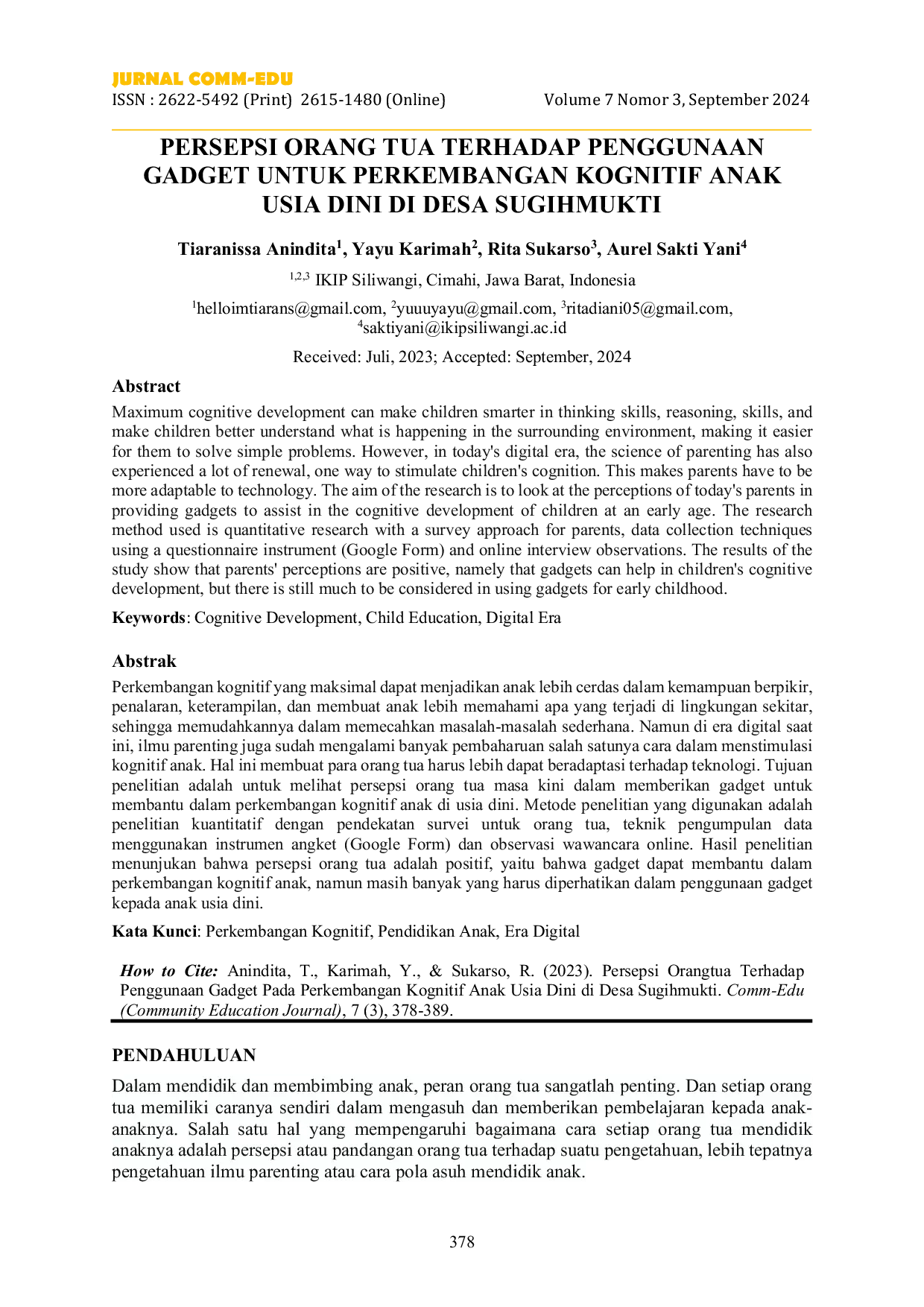 JURIS Persepsi Orang Tua Terhadap Penggunaan Gadget Pada Perkembangan Kognitif Anak Usia Dini di Desa Sugihmukti