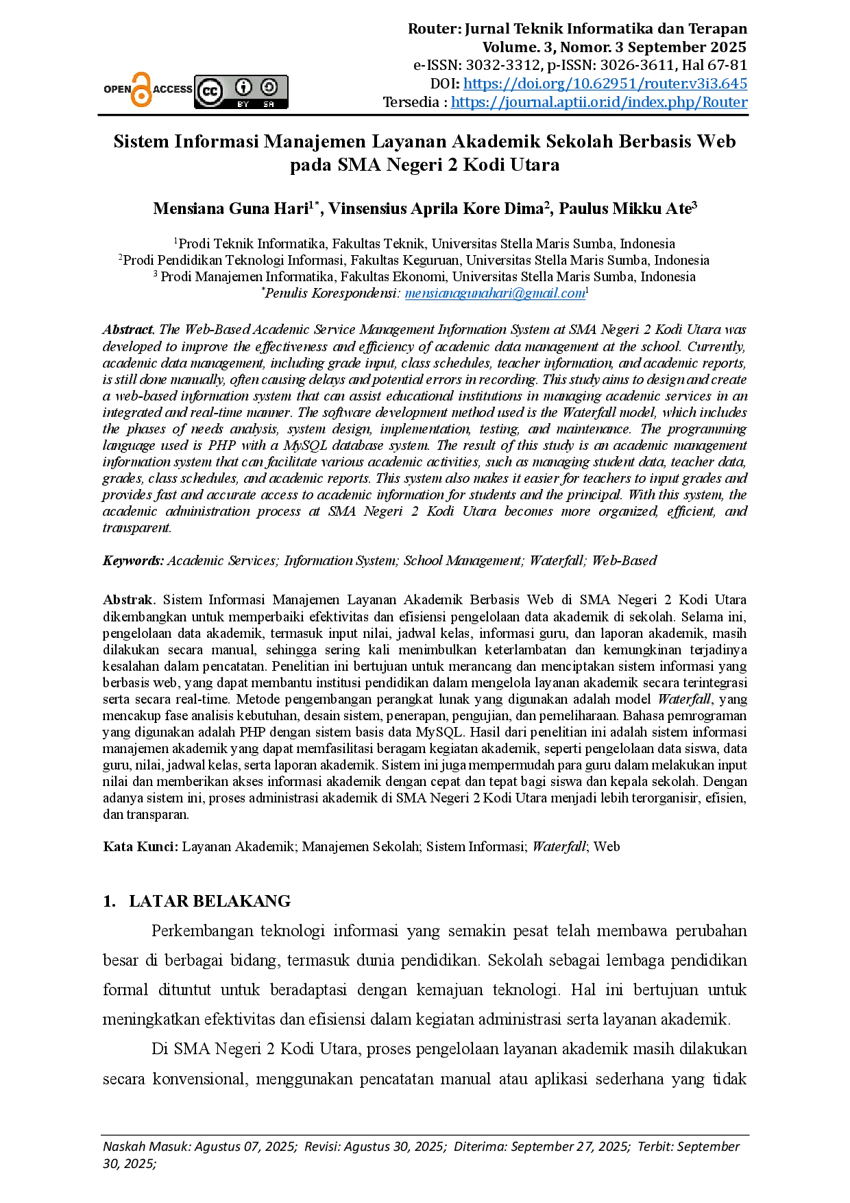 juris Sistem Informasi Manajemen Layanan Akademik Sekolah Berbasis Web pada SMA Negeri 2 Kodi Utara