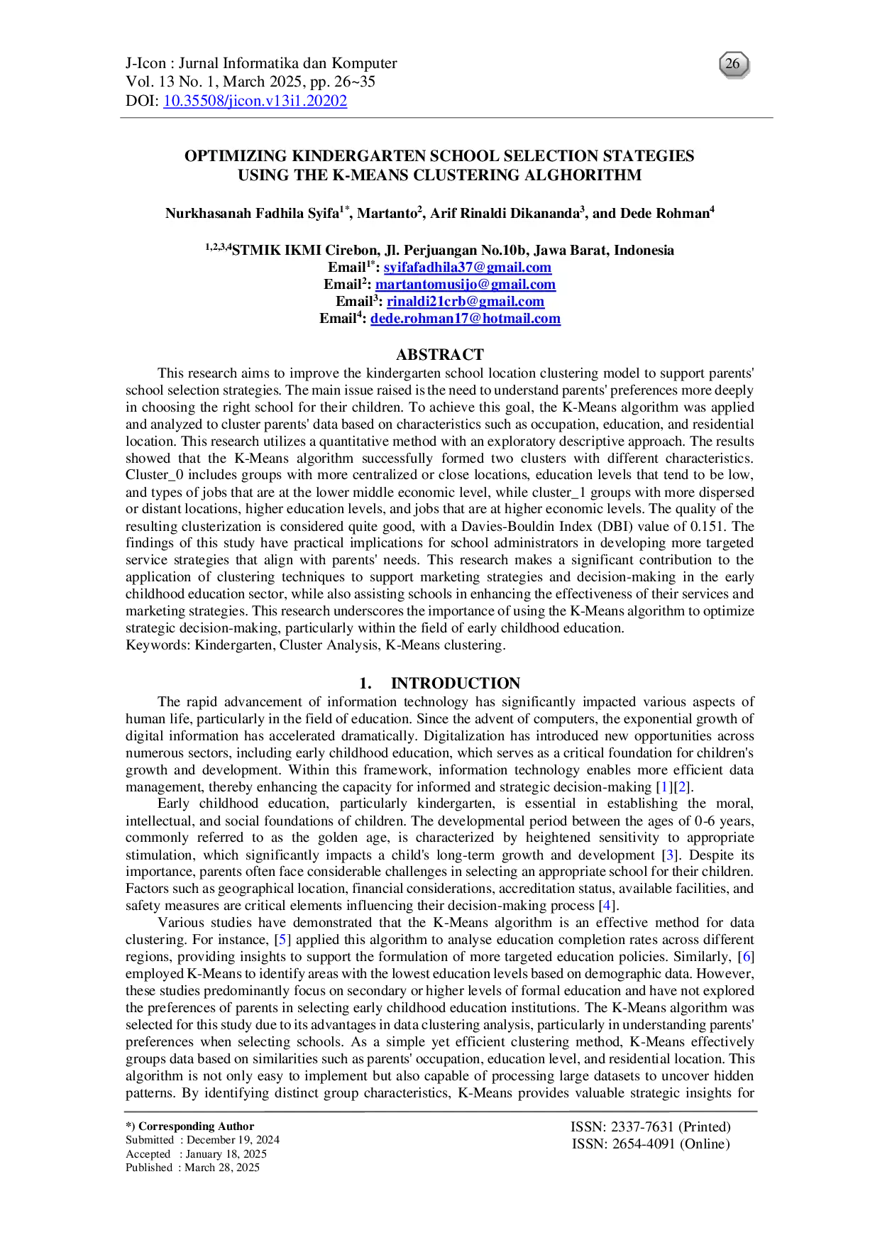 JURIS Optimizing Kindergarten School Selection Strategies Using the K Means Clustering Algorithm