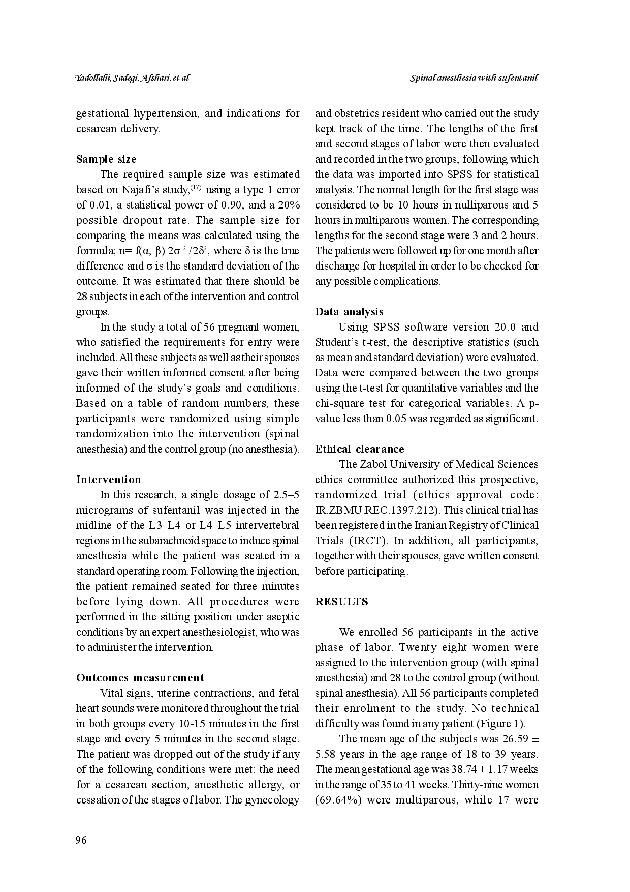 juris Effect of spinal anesthesia with sufentanil on length of stages I and II of labor in singleton pregnant women a randomized controlled trial