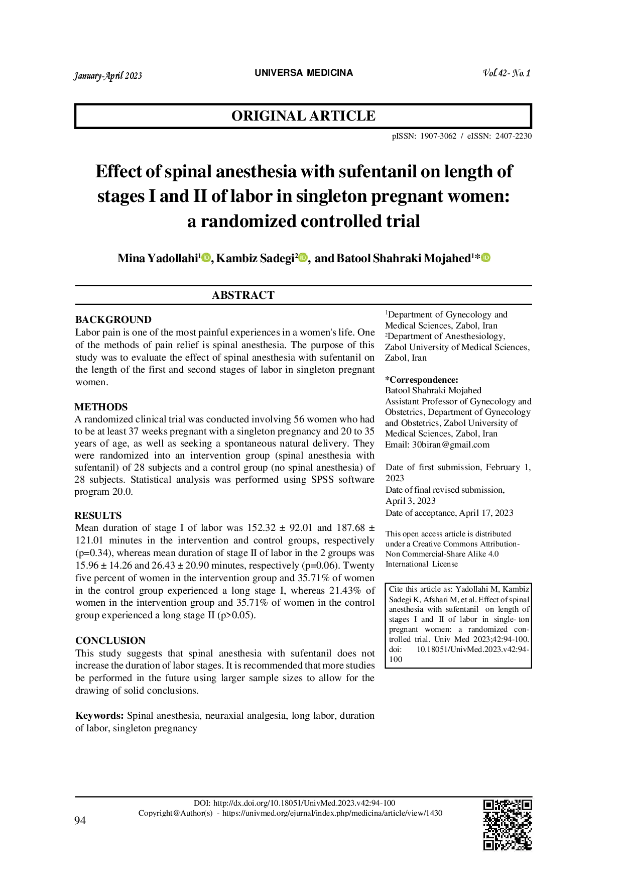 juris Effect of spinal anesthesia with sufentanil on length of stages I and II of labor in singleton pregnant women a randomized controlled trial