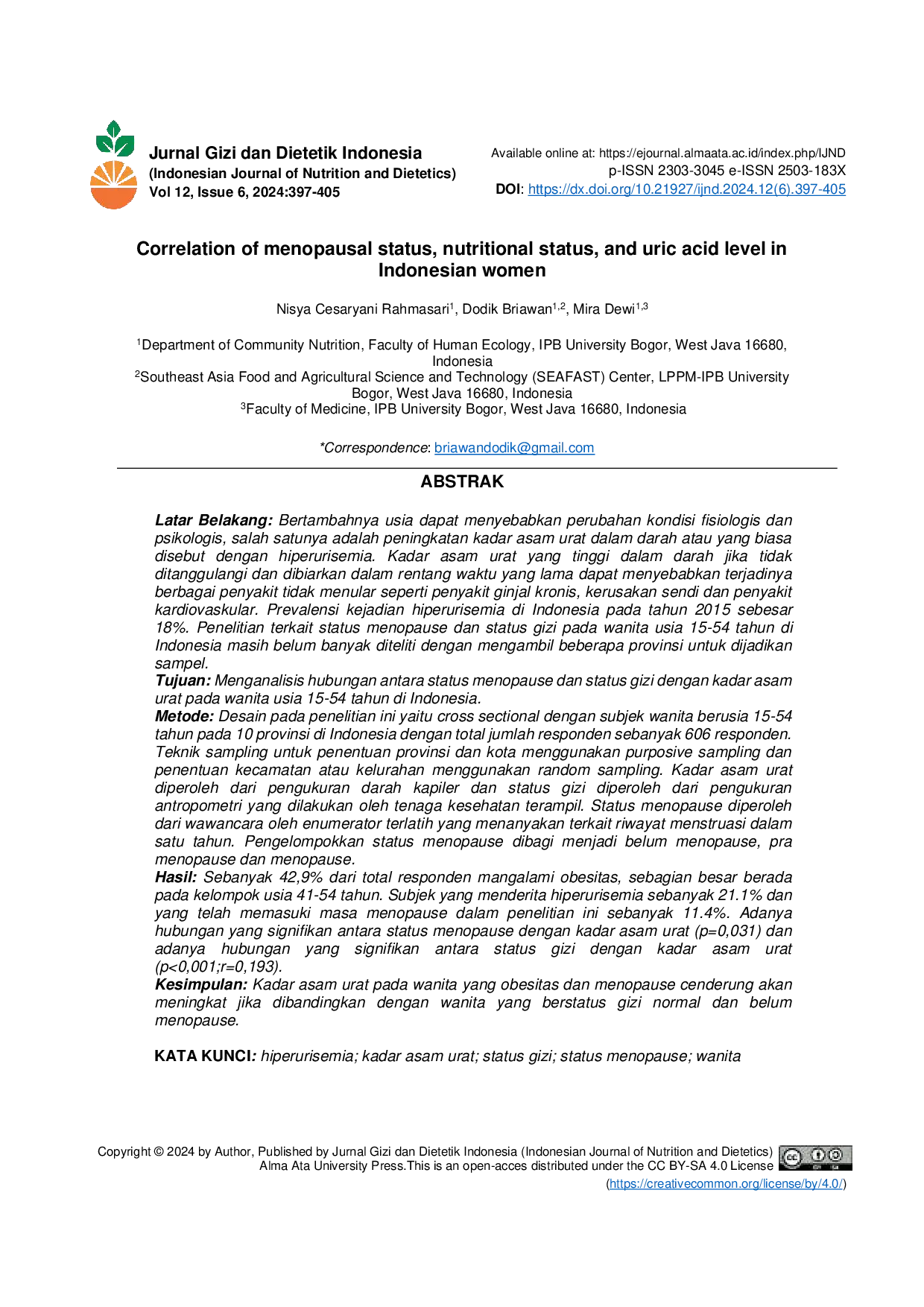 JURIS Correlation of Menopausal Status Nutritional Status and Uric Acid Level in Indonesian Women