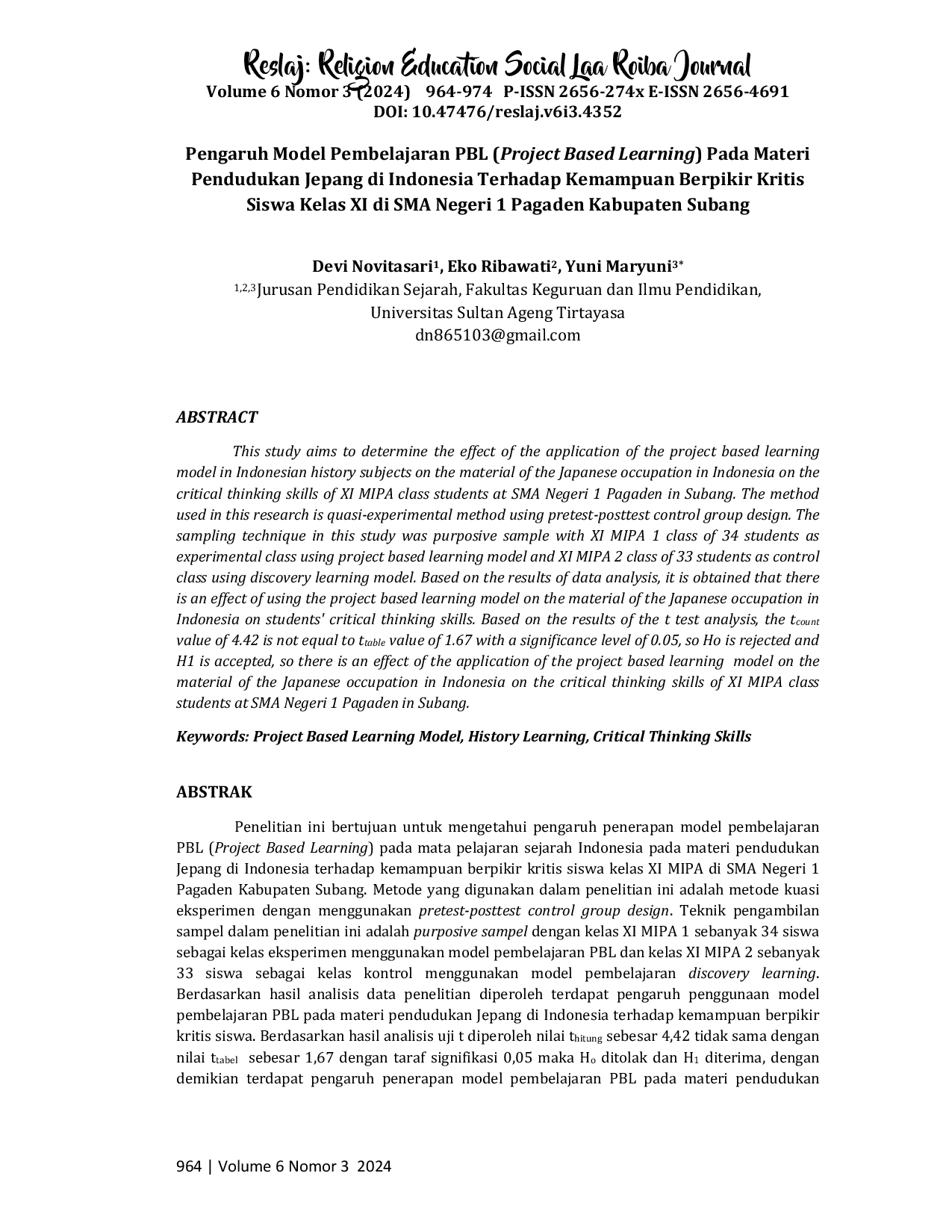 JURIS Pengaruh Model Pembelajaran PBL Project Based Learning pada Materi Pendudukan Jepang di Indonesia terhadap Kemampuan Berpikir Kritis Siswa Kelas XI MIPA di SMA Negeri 1 Pagaden Kabupaten Subang