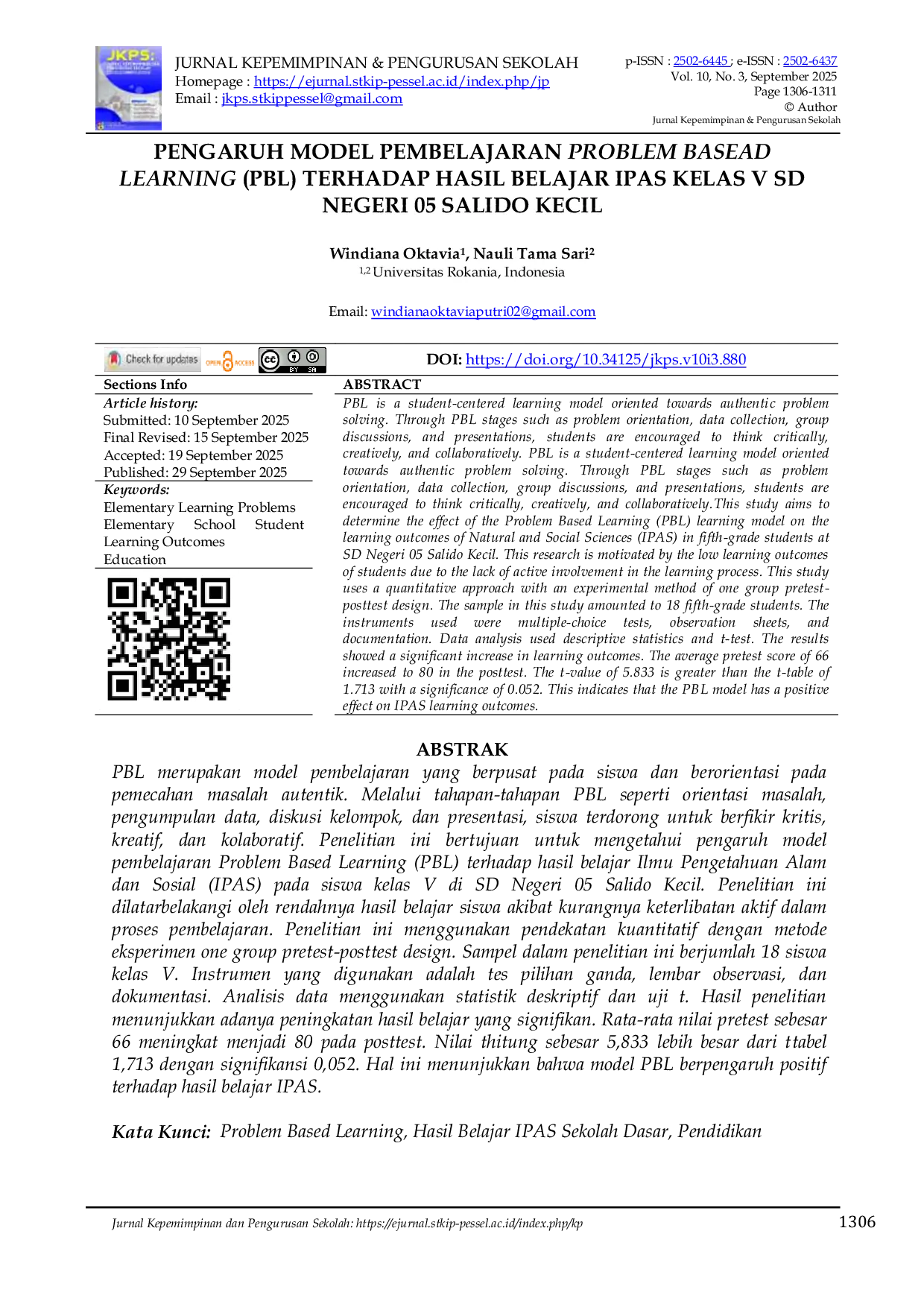 JURIS Pengaruh Model Pembelajaran Problem Based Learning PBL Terhadap Hasil Belajar IPAS Kelas V SD Negeri 05 Salido Kecil