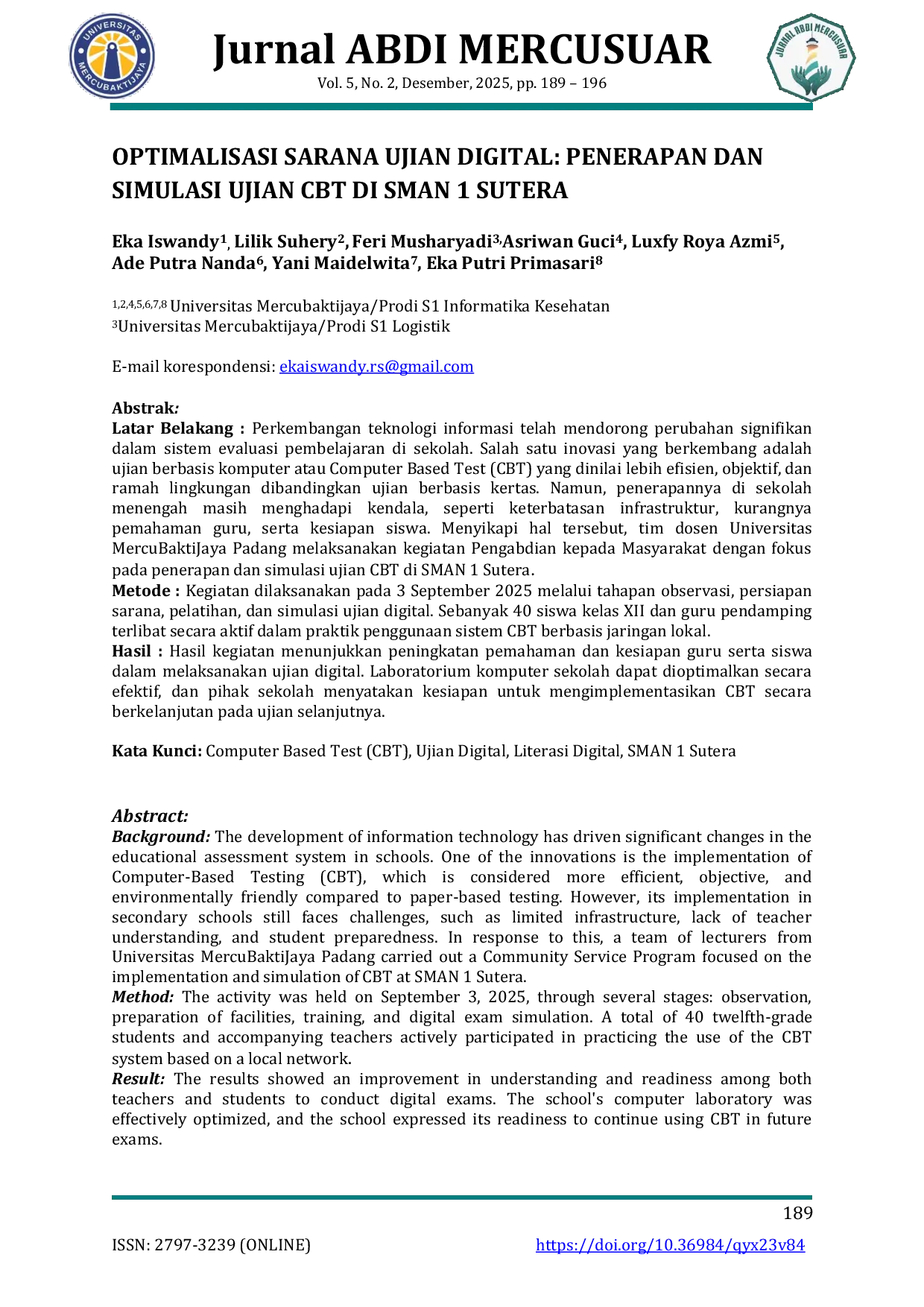 JURIS Optimalisasi Sarana Ujian Digital Penerapan dan Simulasi Ujian CBT di SMAN 1 Sutera