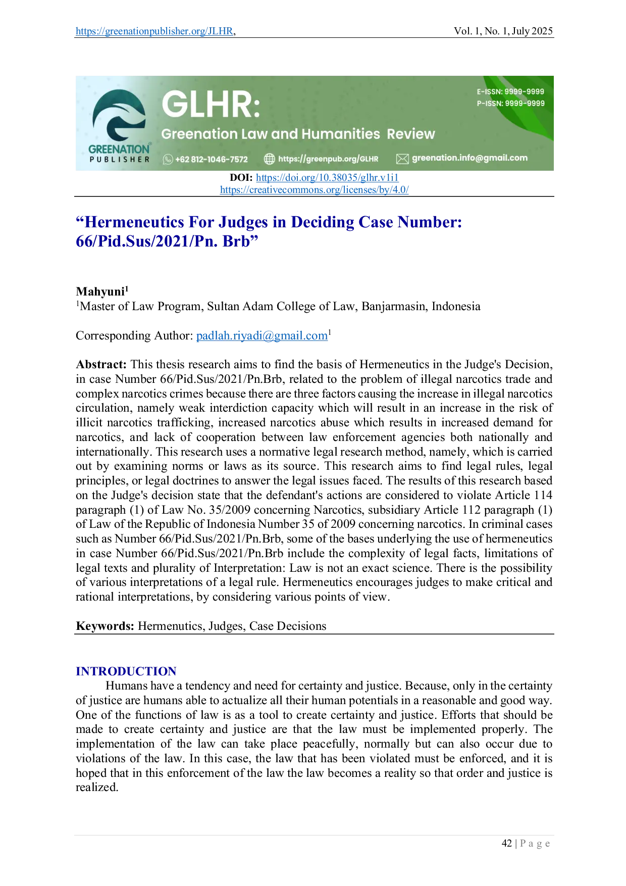 JURIS Hermeneutics For Judges in Deciding Case Number 66 Pid Sus 2021 Pn Brb