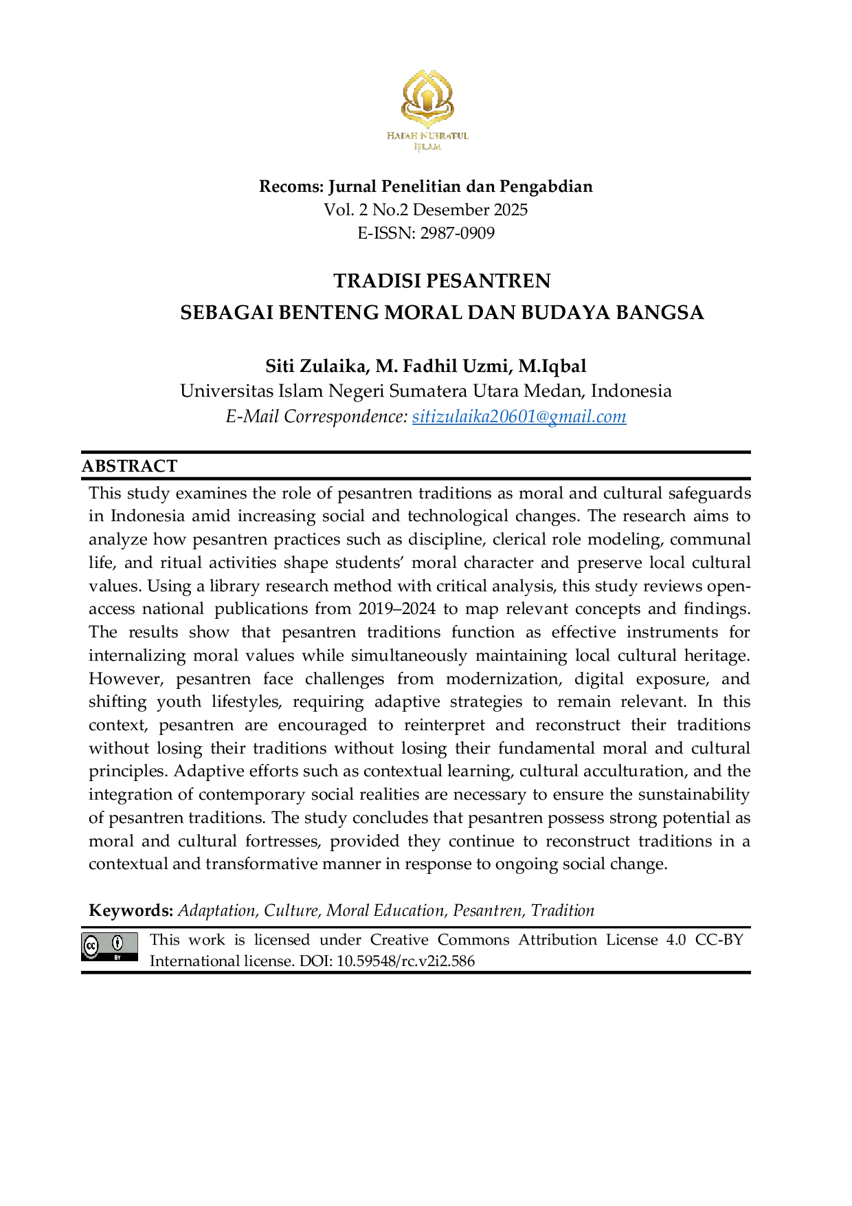 JURIS Tradisi Pesantren Sebagai Benteng Moral Dan Budaya Bangsa