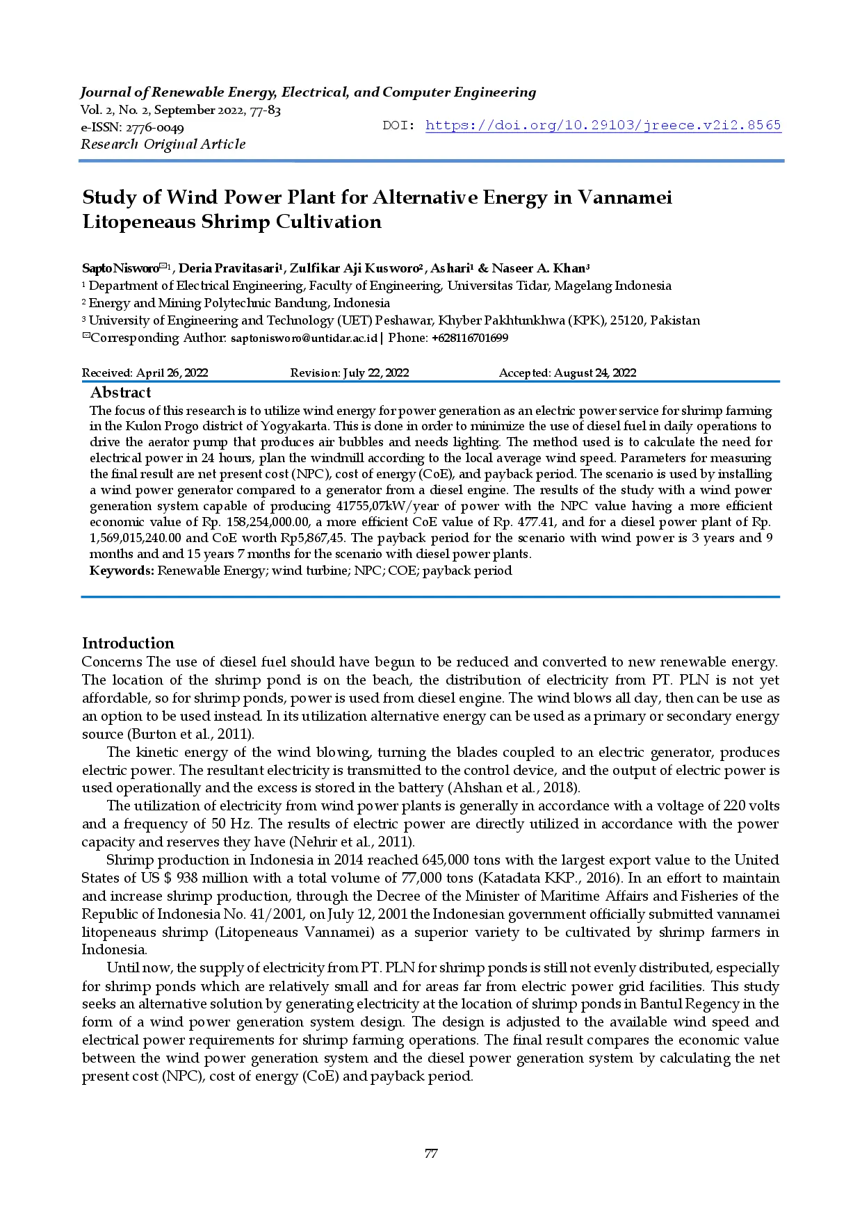 juris Study of Wind Power Plant for Alternative Energy in Vannamei Litopeneaus Shrimp Cultivation
