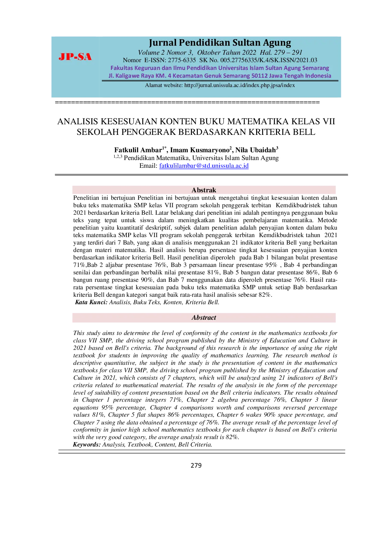 JURIS Analisis Tingkat Kesesuaian Konten Buku Teks Matematika SMP Kelas VII Program Sekolah Penggerak Terbitan Kemdikbudristek Tahun 2021 Berdasarkan Kriteria Bell