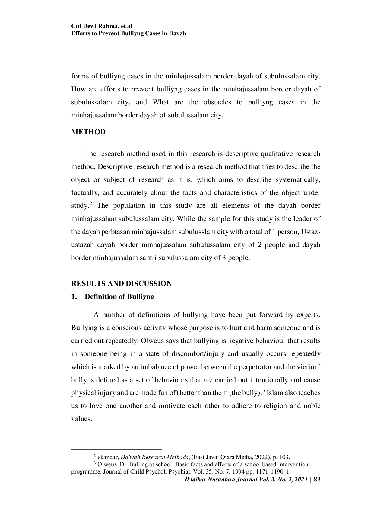 JURIS Efforts to Prevent Bullying Cases in Dayah Perbatasan Minhajussalam Subulussalam City