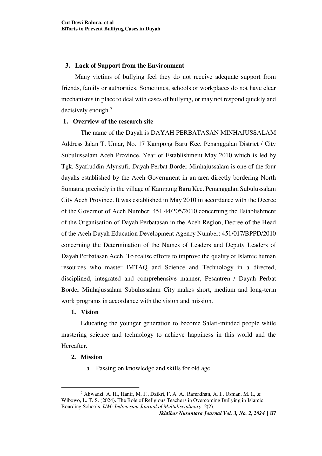 JURIS Efforts to Prevent Bullying Cases in Dayah Perbatasan Minhajussalam Subulussalam City