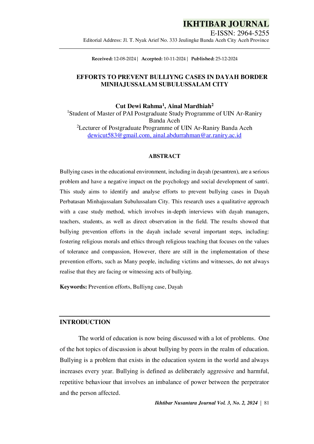 JURIS Efforts to Prevent Bullying Cases in Dayah Perbatasan Minhajussalam Subulussalam City