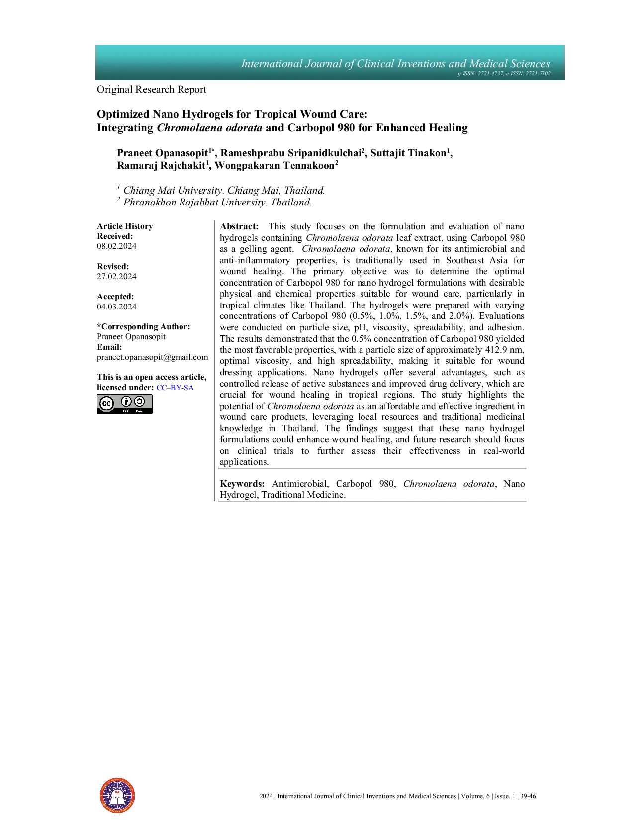 JURIS Optimized Nano Hydrogels for Tropical Wound Care Integrating Chromolaena odorata and Carbopol 980 for Enhanced Healing