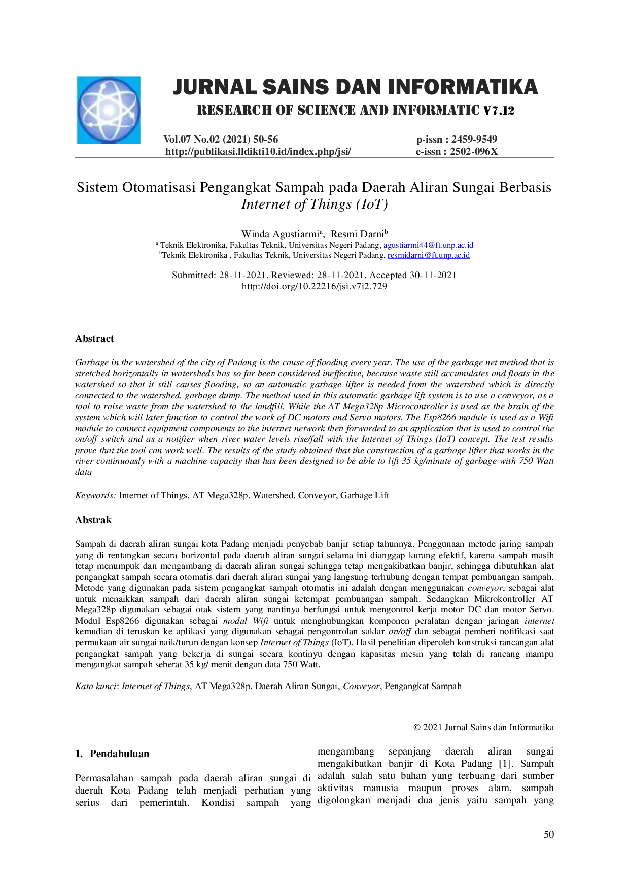 JURIS Sistem Otomatisasi Pengangkat Sampah pada Daerah Aliran Sungai Berbasis Internet of Things IoT