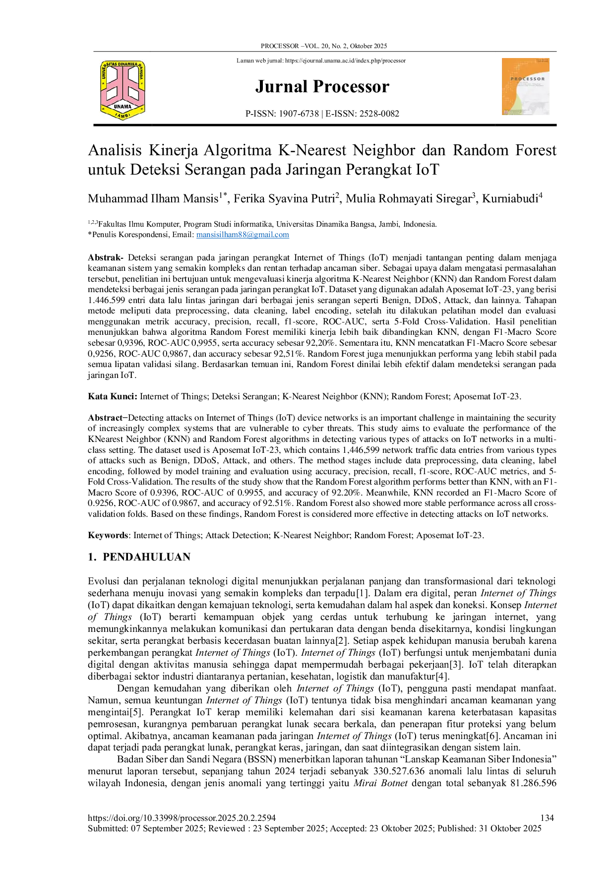 JURIS Analisis Kinerja Algoritma K Nearest Neighbor Dan Random Forest Untuk Deteksi Serangan Pada Jaringan Perangkat IoT