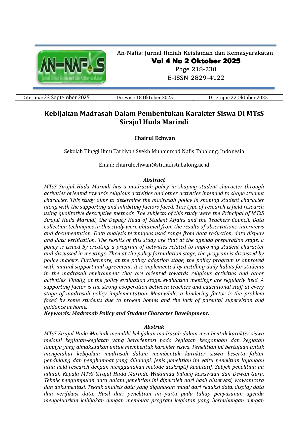 JURIS Kebijakan Madrasah Dalam Pembentukan Karakter Siswa Di MTsS