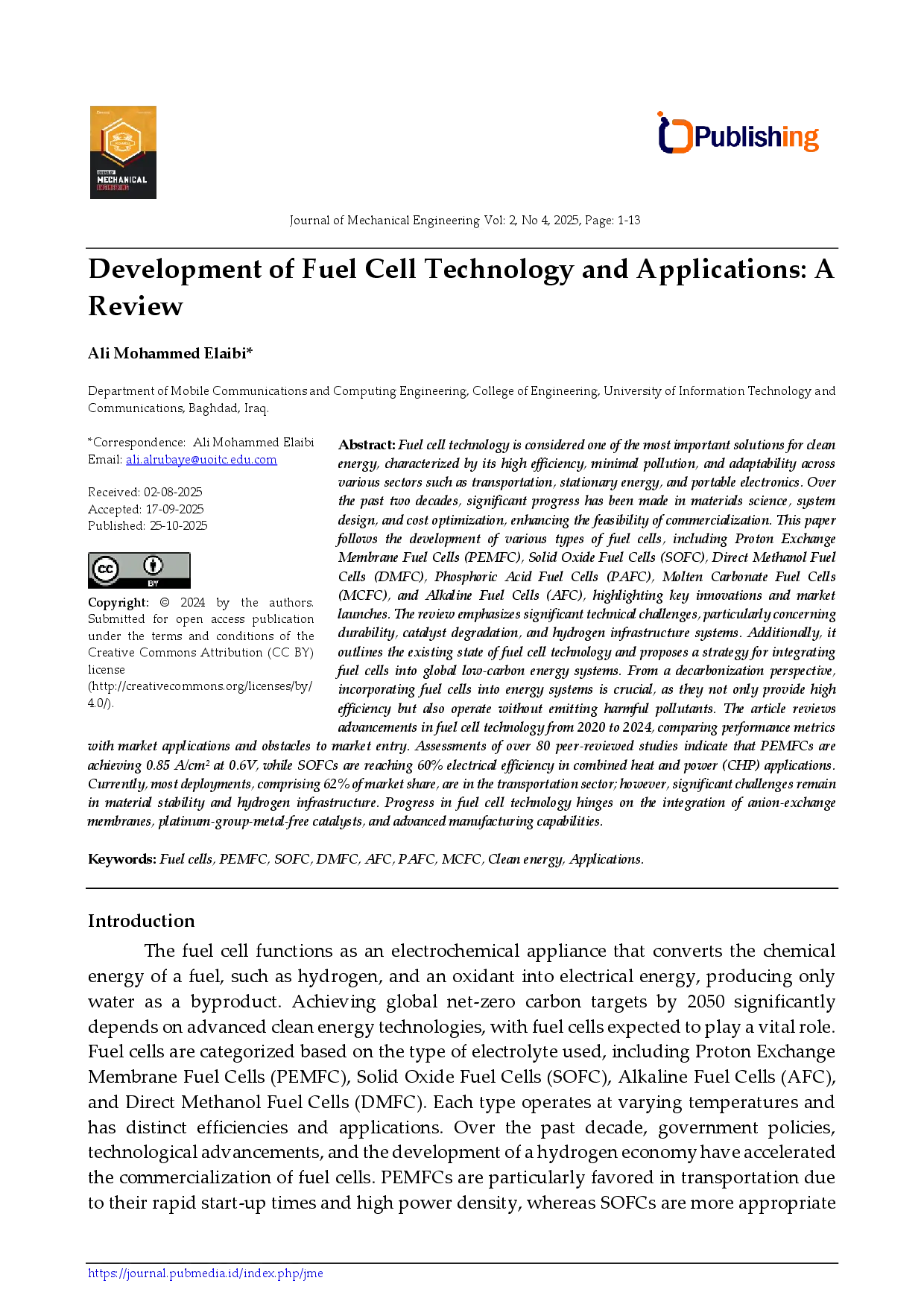 juris Development of Fuel Cell Technology and Applications A Review