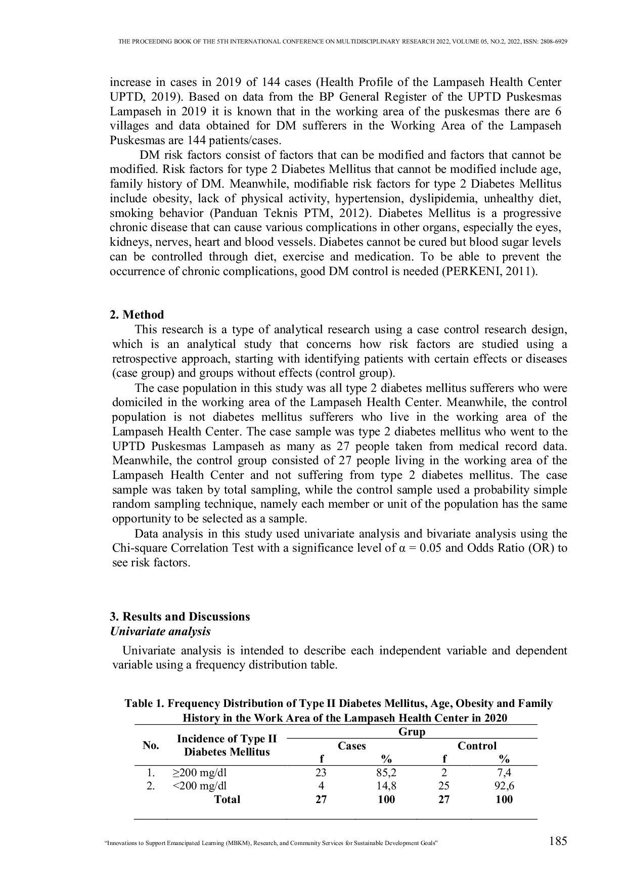 JURIS Risk Factors for Type II Diabetes Mellitus in the Work Area of UPTD Public Health Center Lampaseh in 2020