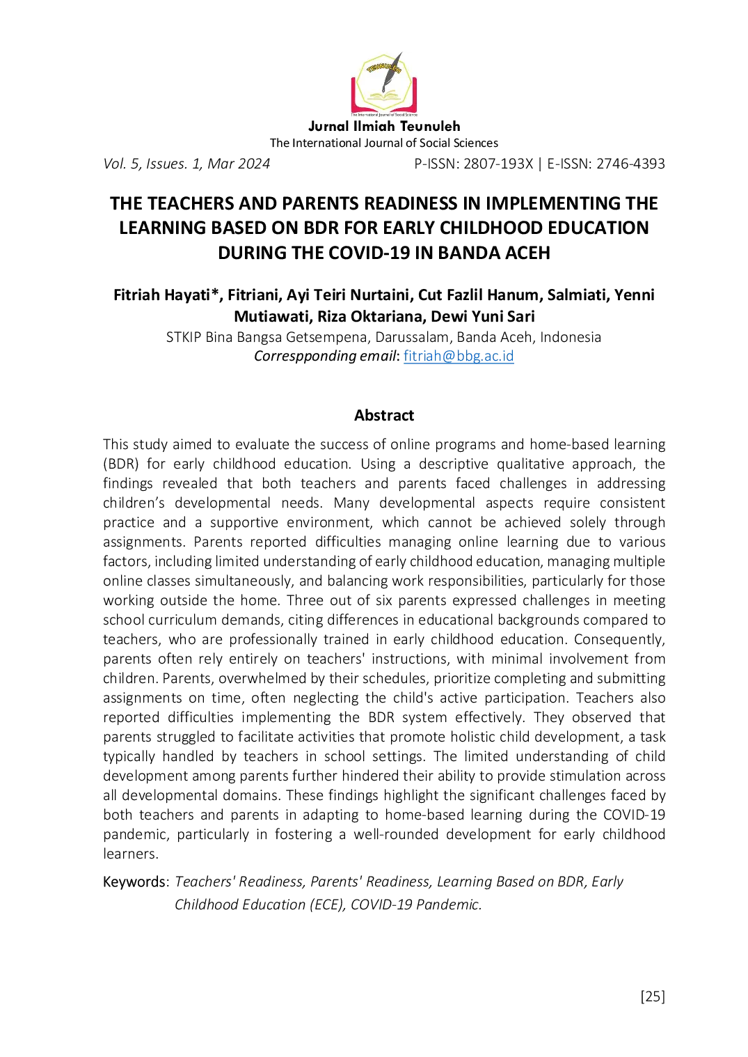 JURIS The Teachers and Parents Readiness in Implementing the Learning Based on BDR for Early Childhood Education During the Covid 19 in Banda Aceh