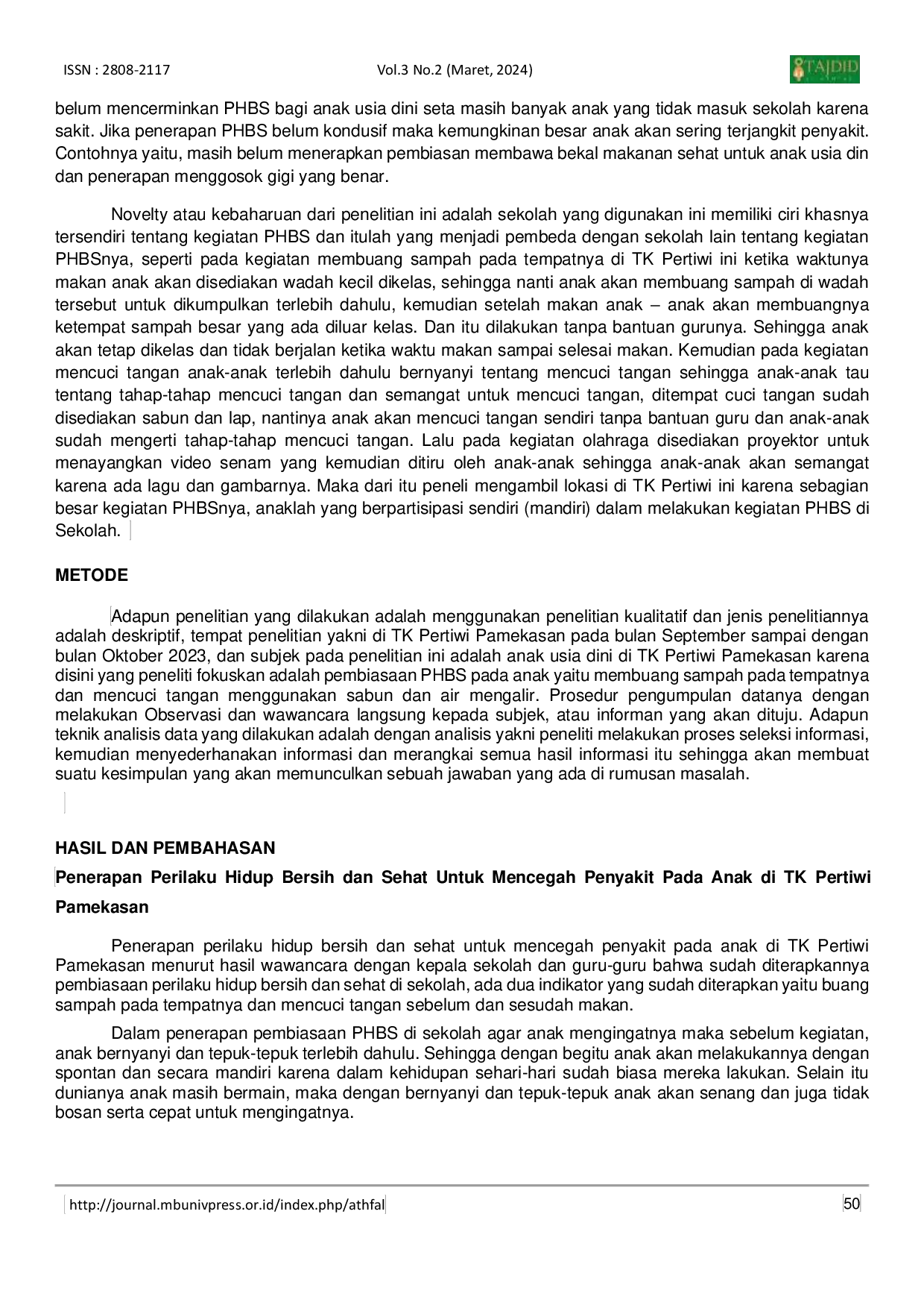 JURIS Habituation of Clean and Living Behavioers to Prevent Disease in Children at TK Pertiwi Pamekasan