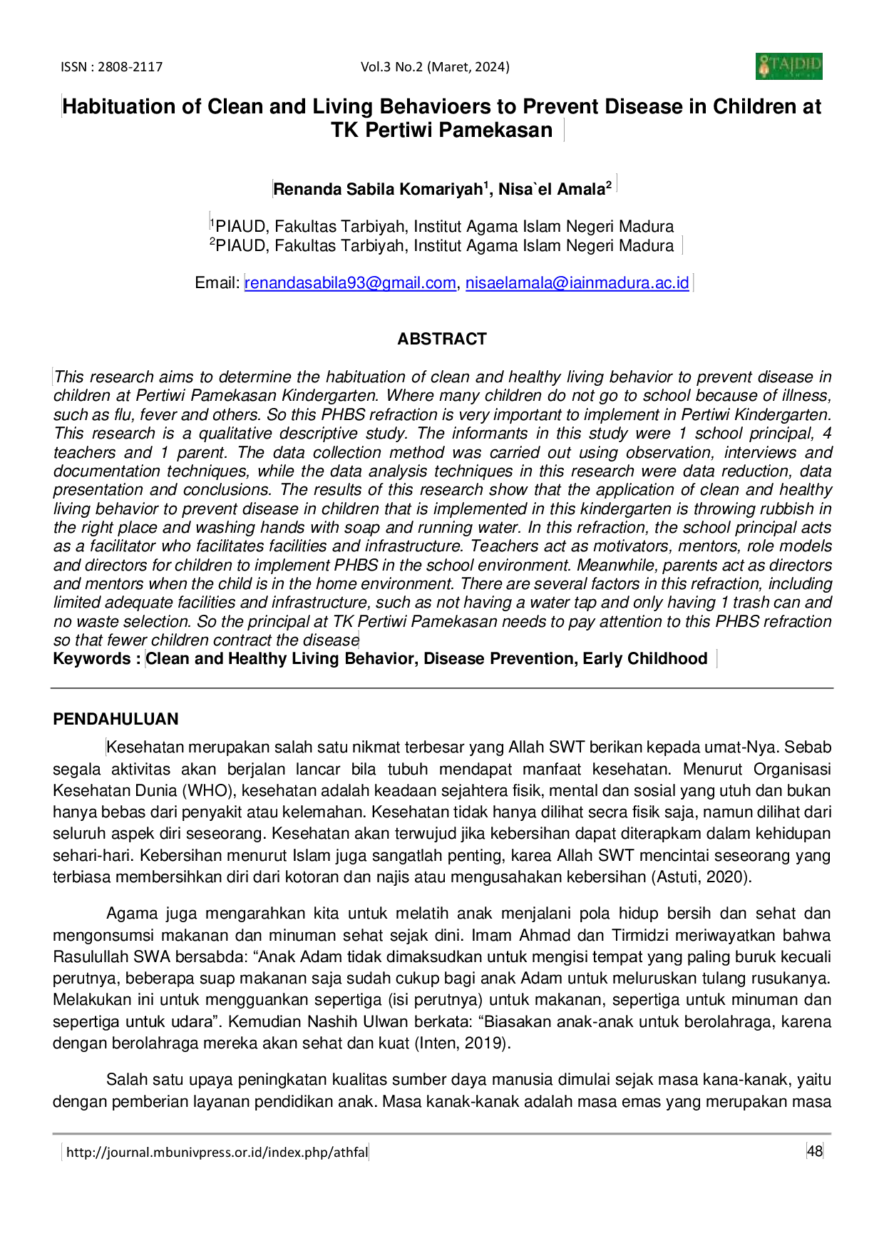 JURIS Habituation of Clean and Living Behavioers to Prevent Disease in Children at TK Pertiwi Pamekasan